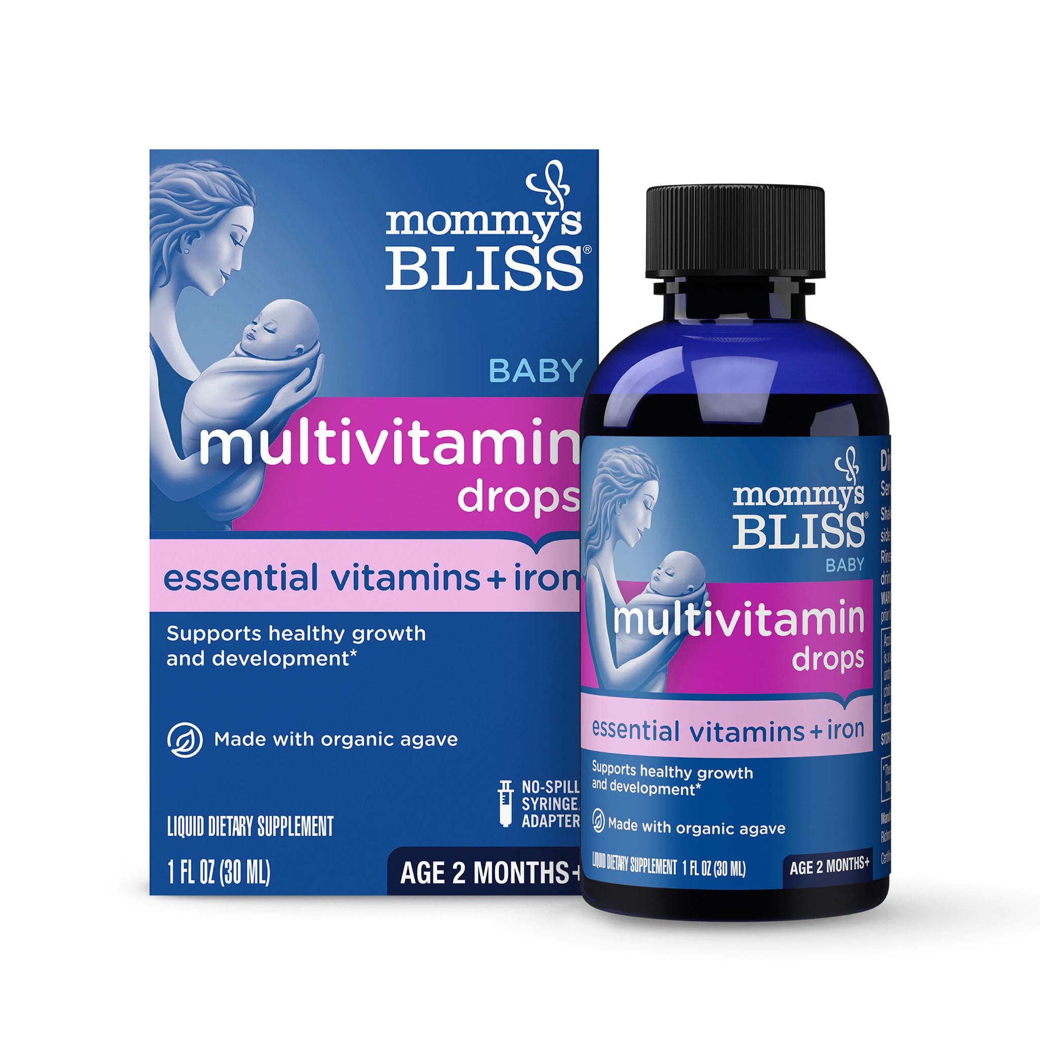 Mommy's Bliss Baby Multivitamin Drops with iron, carton beside its 1 fl oz dark blue bottle