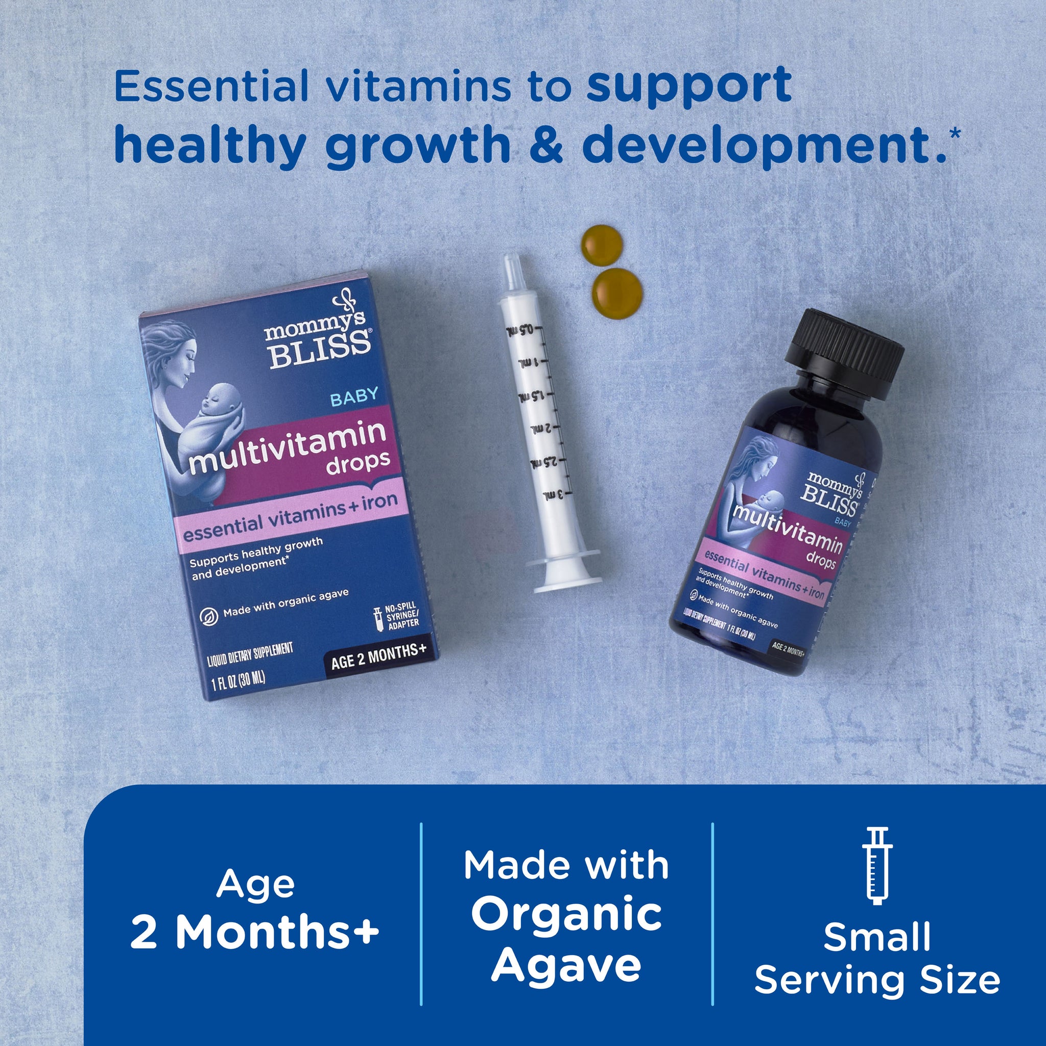 Mommy's Bliss Baby Multivitamin Drops with Iron packaging shown with its main benefit claim and age guidance