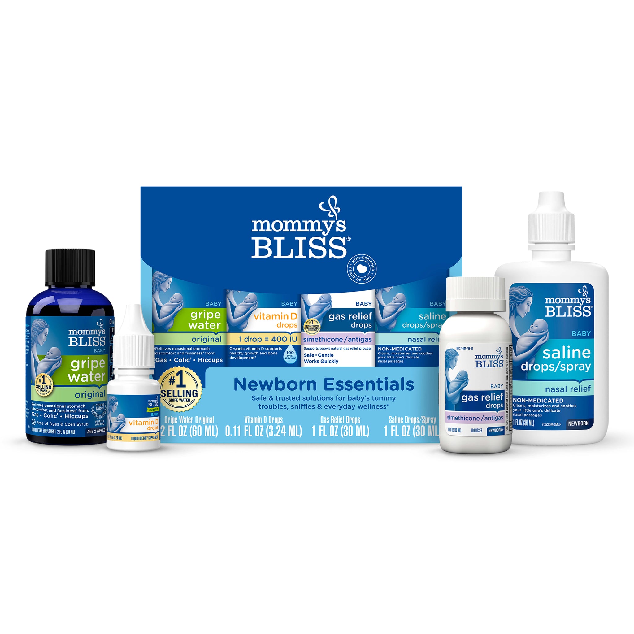 Mommy's Bliss Newborn Essentials Gift Set box with gripe water, vitamin D drops, gas relief drops and saline spray