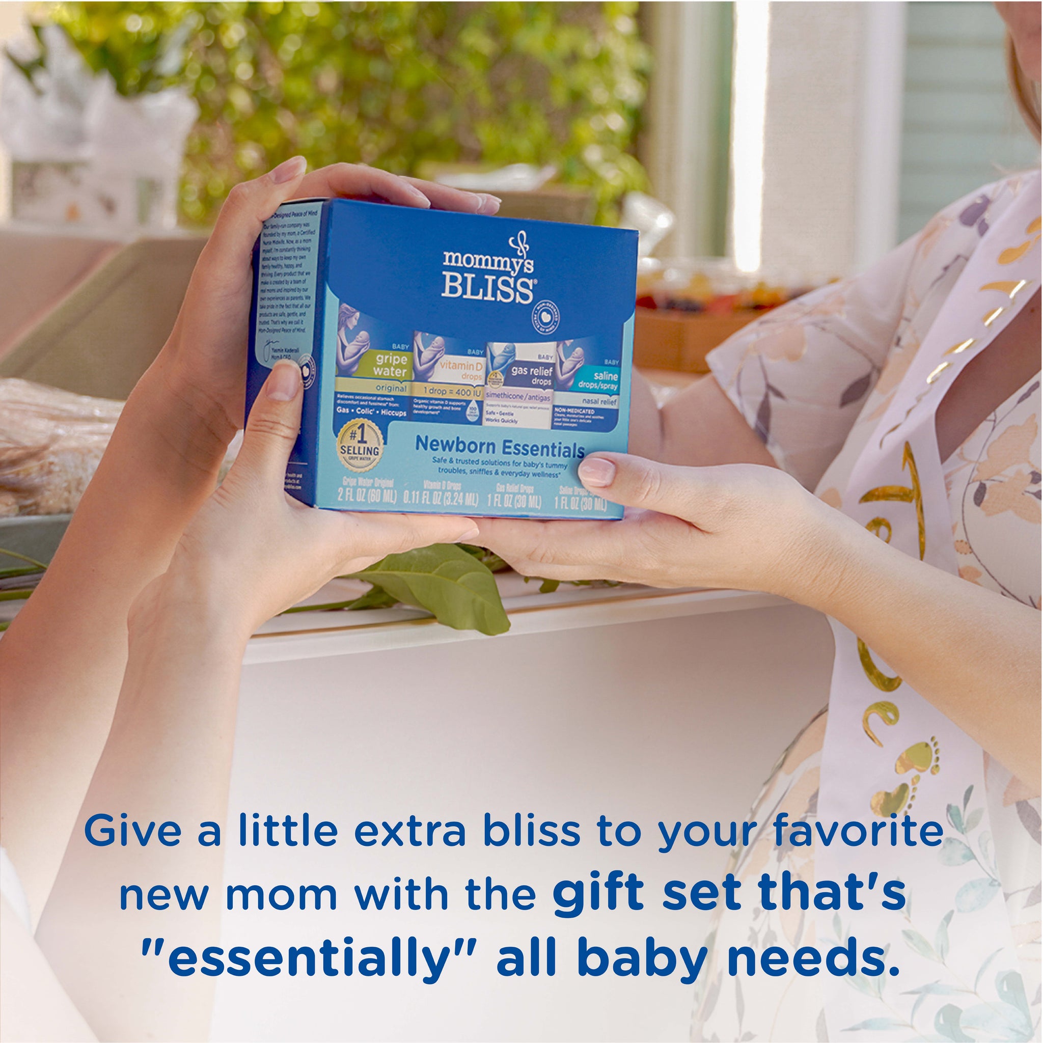 Mommy's Bliss Newborn Essentials Gift Set box shown with its main benefit claim