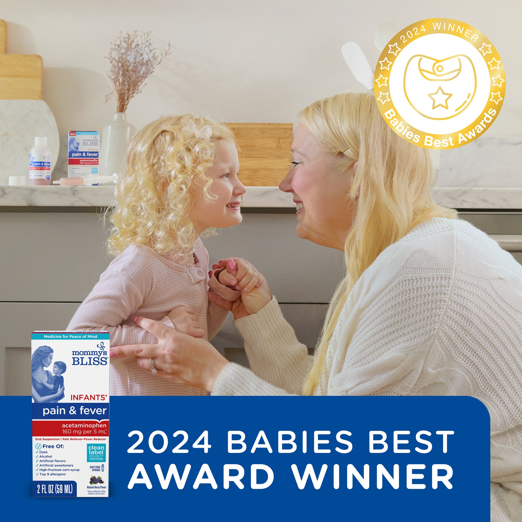 Mommy's Bliss Infants' Pain and Fever acetaminophen shown with a Babies' Best Award badge