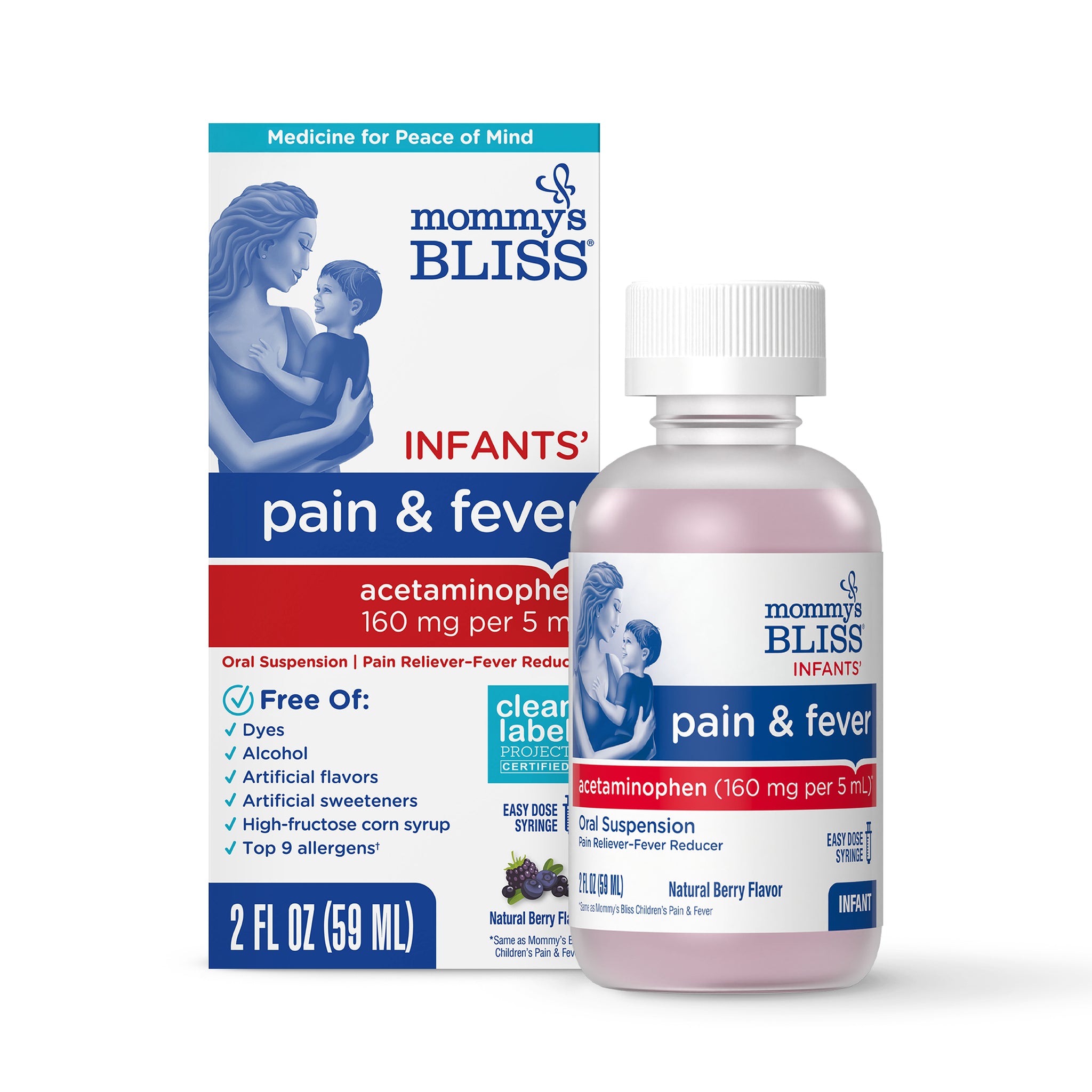 Mommy's Bliss Infants' Pain and Fever acetaminophen carton beside its 2 fl oz berry-flavored bottle