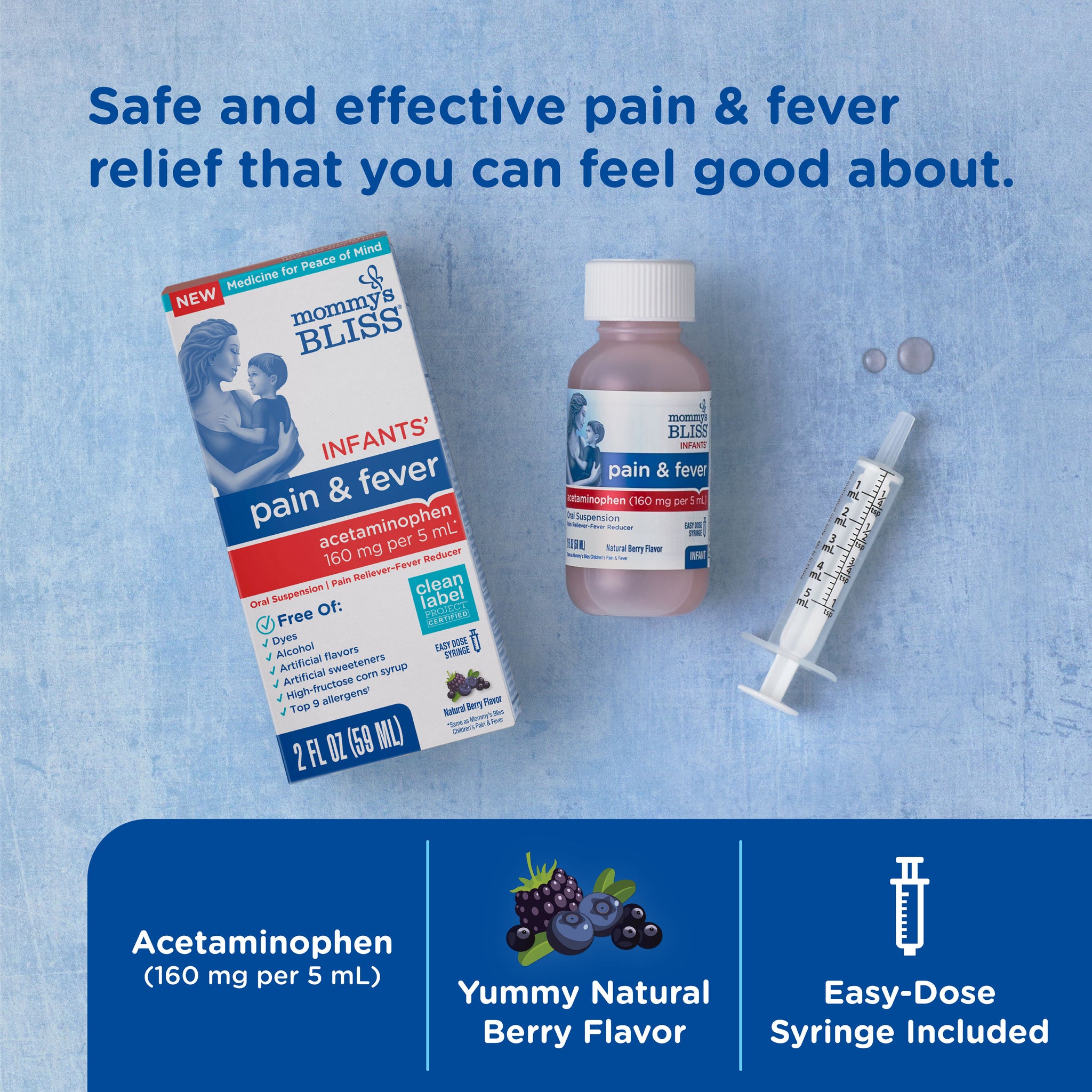 Mommy's Bliss Infants' Pain and Fever acetaminophen packaging shown with its main benefit claim and age guidance