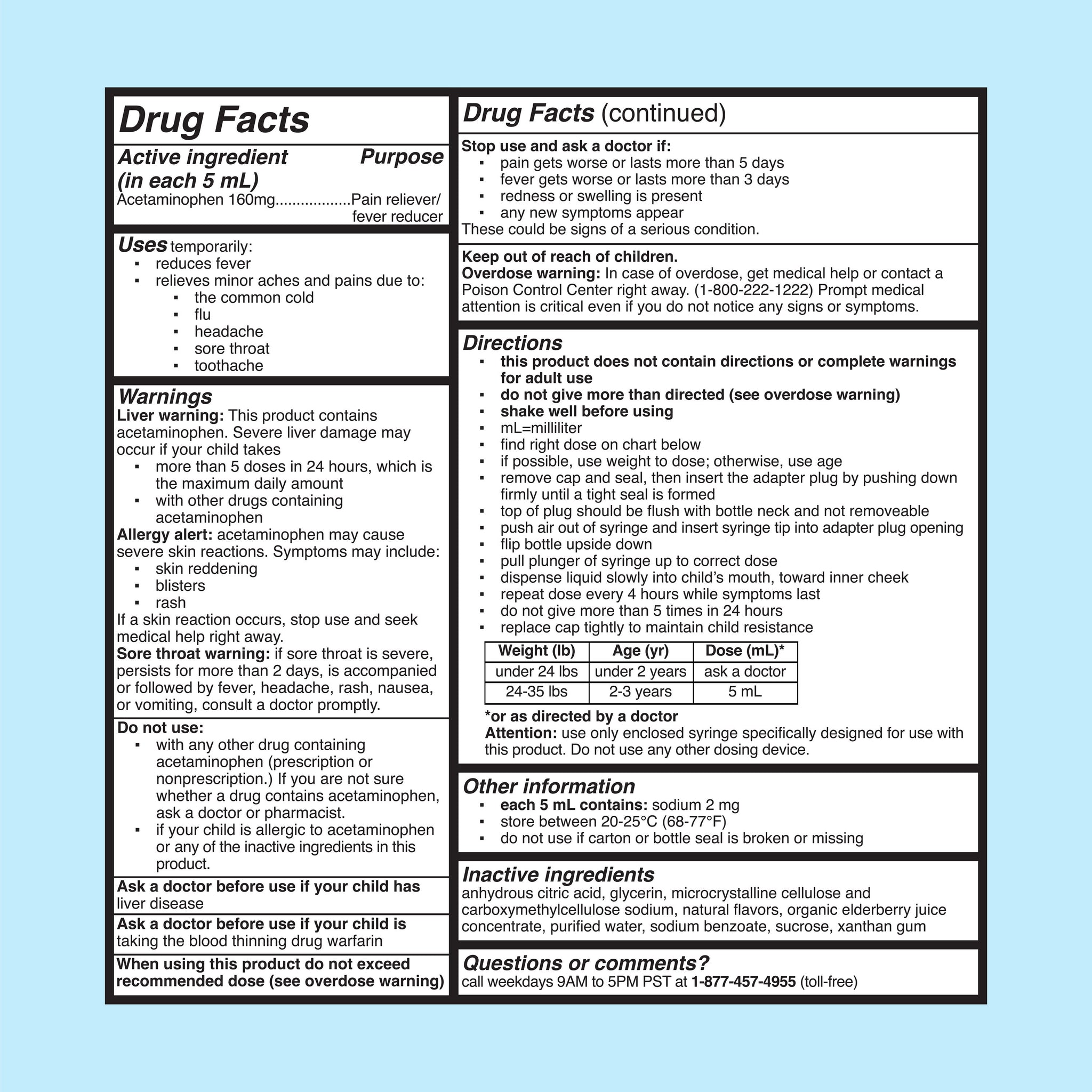 Drug Facts for Mommy's Bliss Infants' Pain and Fever acetaminophen, 160 mg per 5 mL. Dosing is by weight, a doctor should be consulted under 24 pounds, and no more than 5 doses in 24 hours