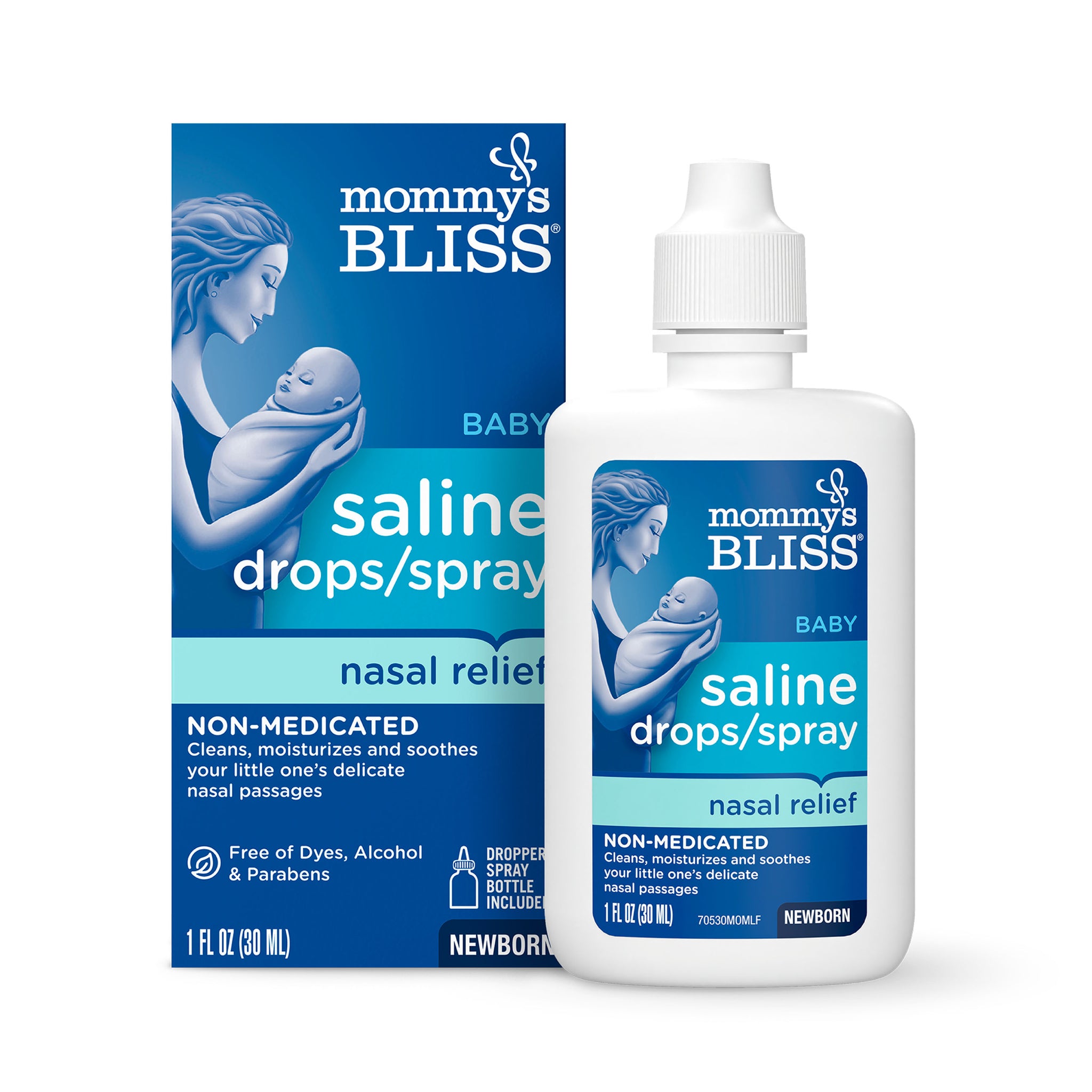 Mommy's Bliss Baby Saline Drops and Spray carton beside its white 1 fl oz nasal relief bottle
