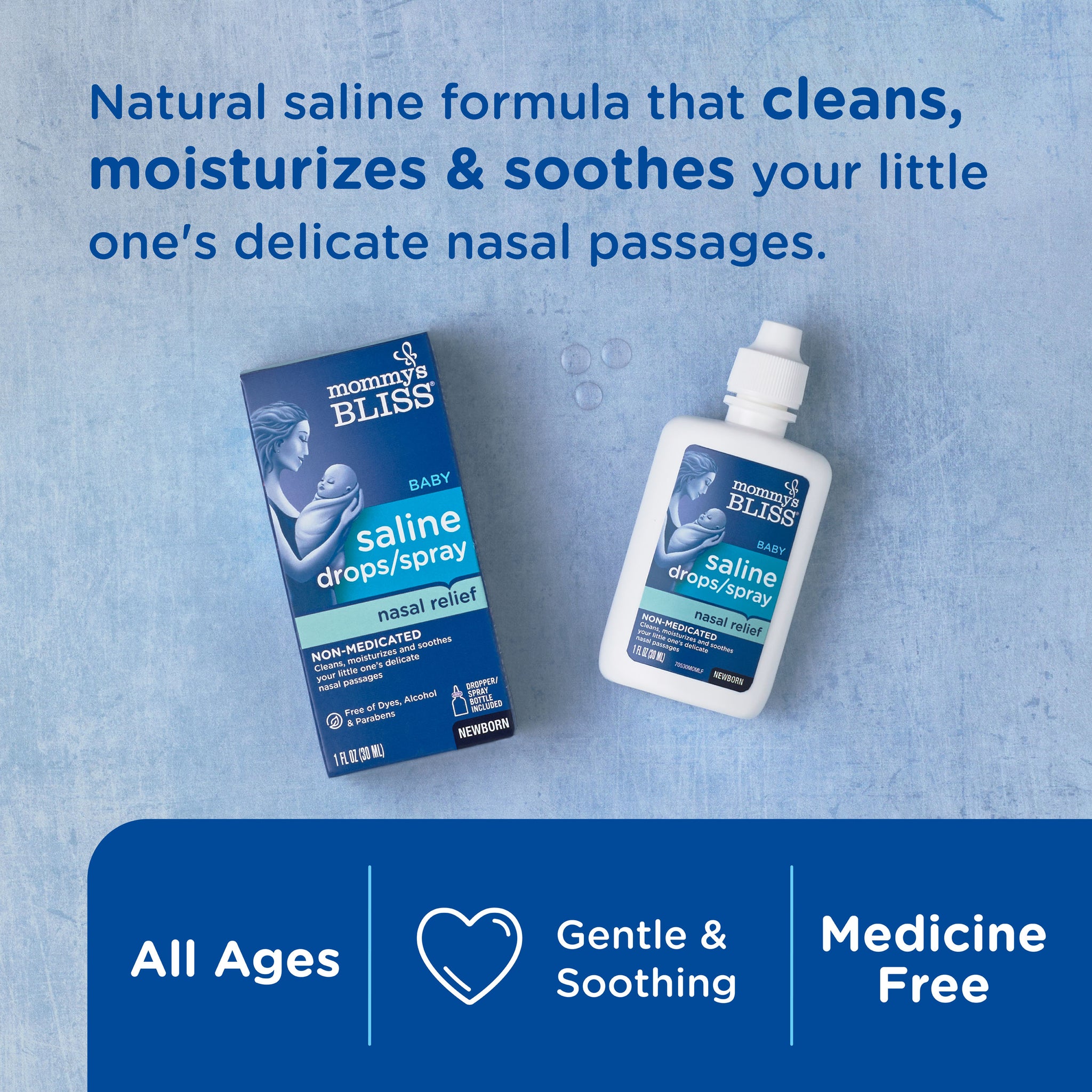 Mommy's Bliss Baby Saline Drops and Spray packaging shown with its main benefit claim and age guidance