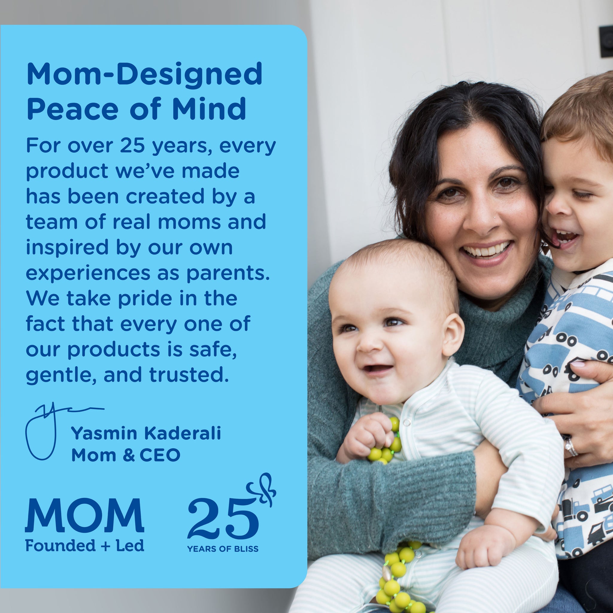 The Mommy's Bliss brand story, shown alongside Baby Saline Drops and Spray