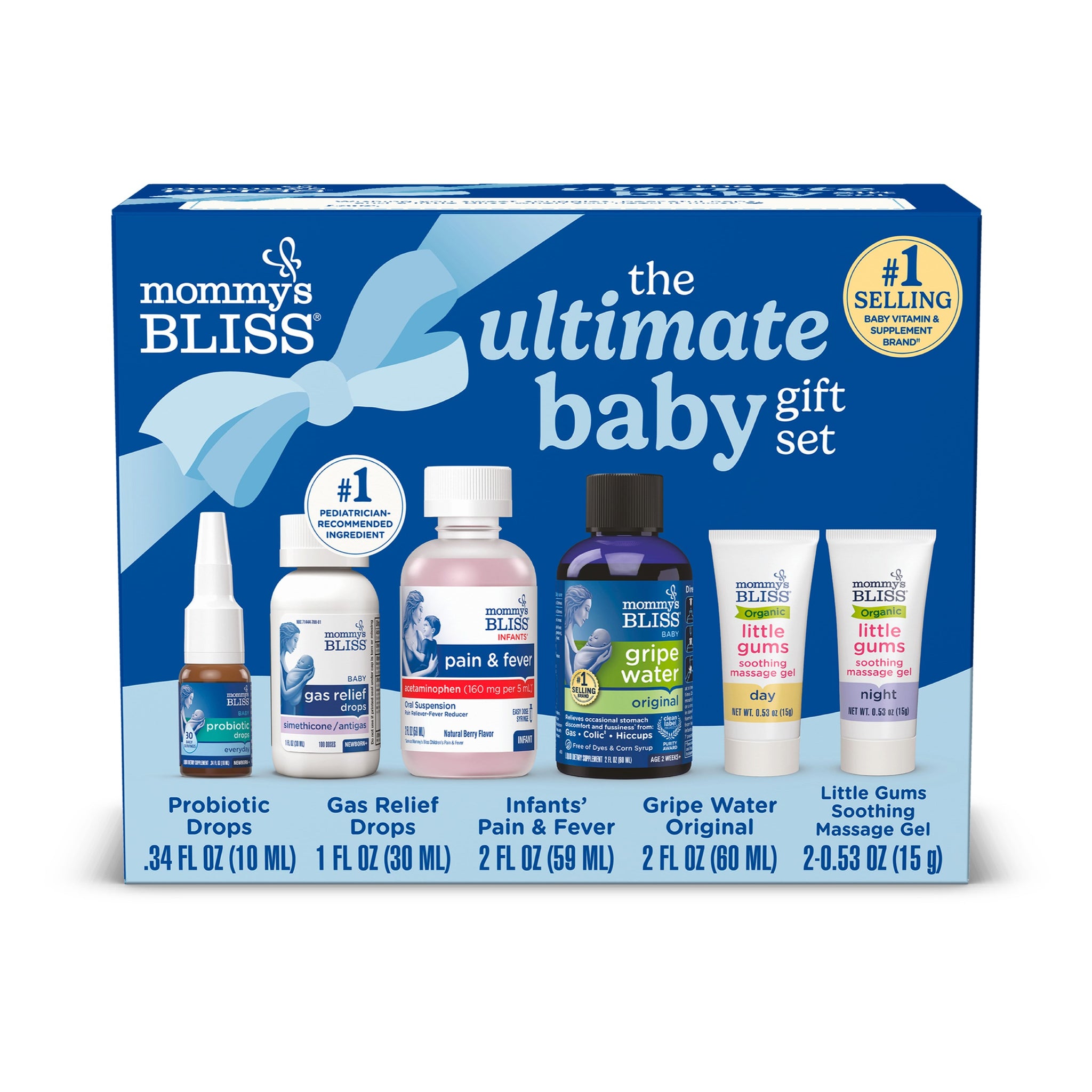 Mommy's Bliss Ultimate Baby Gift Set box with probiotic drops, gas relief, pain and fever, gripe water and Little Gums gel