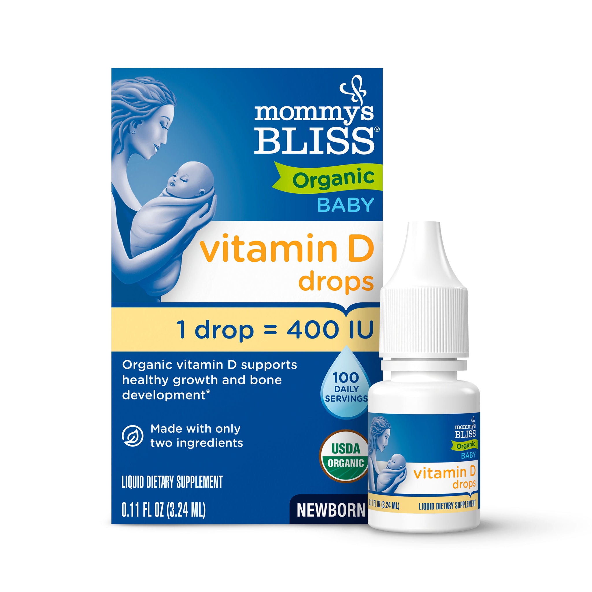 Mommy's Bliss Organic Baby Vitamin D Drops carton beside its small white 3.24 ml bottle