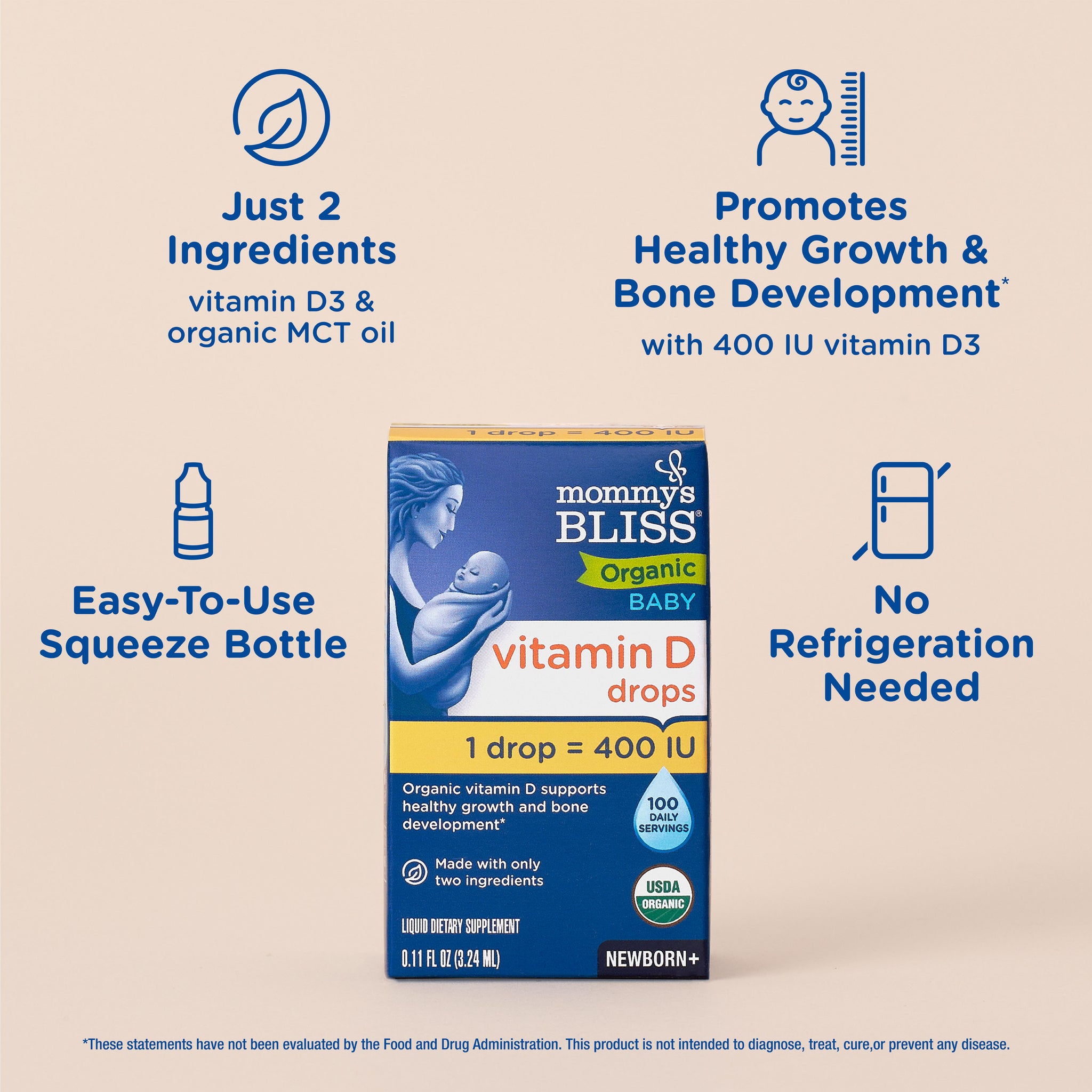 Key features of Mommy's Bliss Organic Baby Vitamin D Drops, shown as icons around the carton