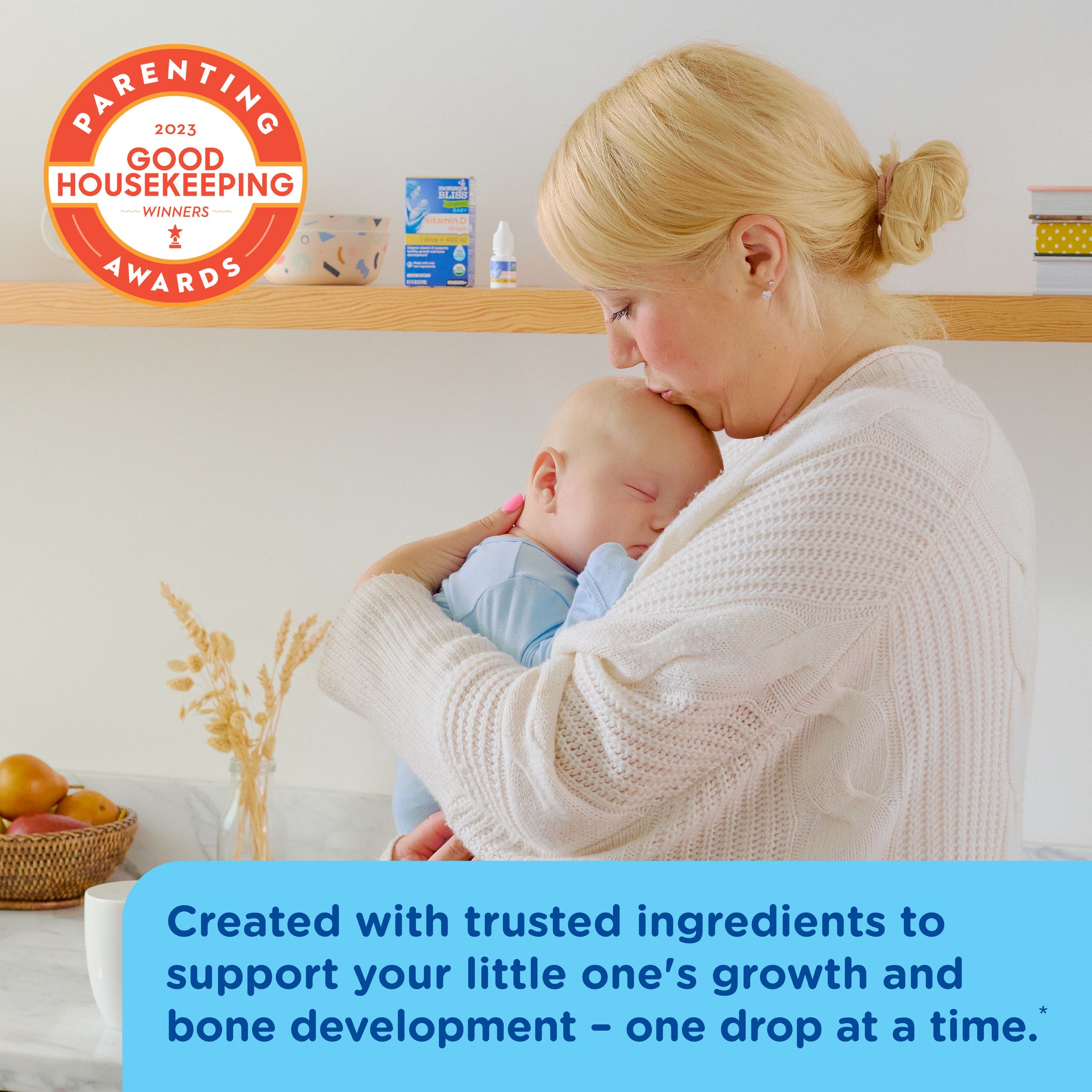 Mommy's Bliss Organic Baby Vitamin D Drops shown in an everyday lifestyle photograph
