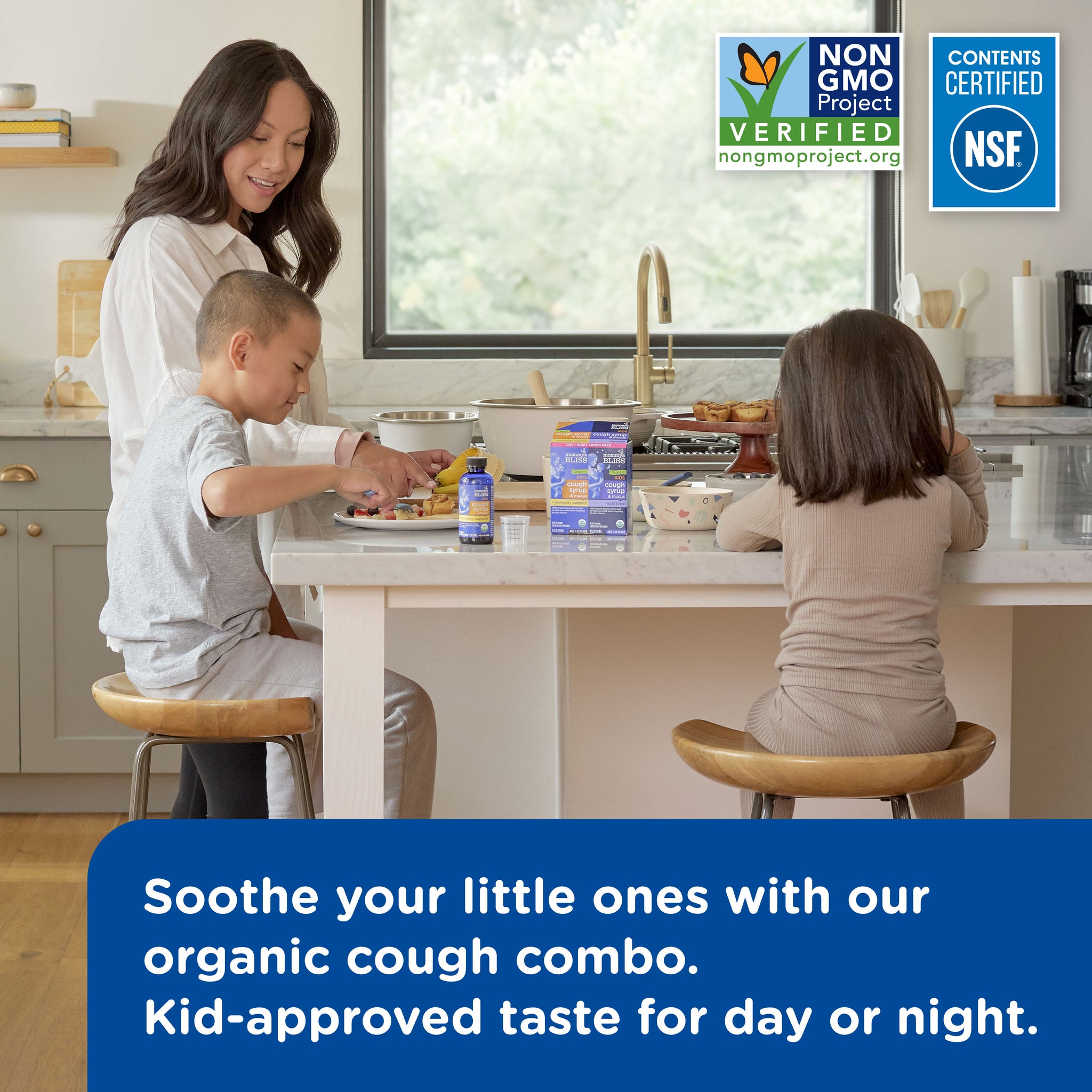Mommy's Bliss Organic Kids Cough Syrup and Mucus Day and Night shown in an everyday lifestyle photograph