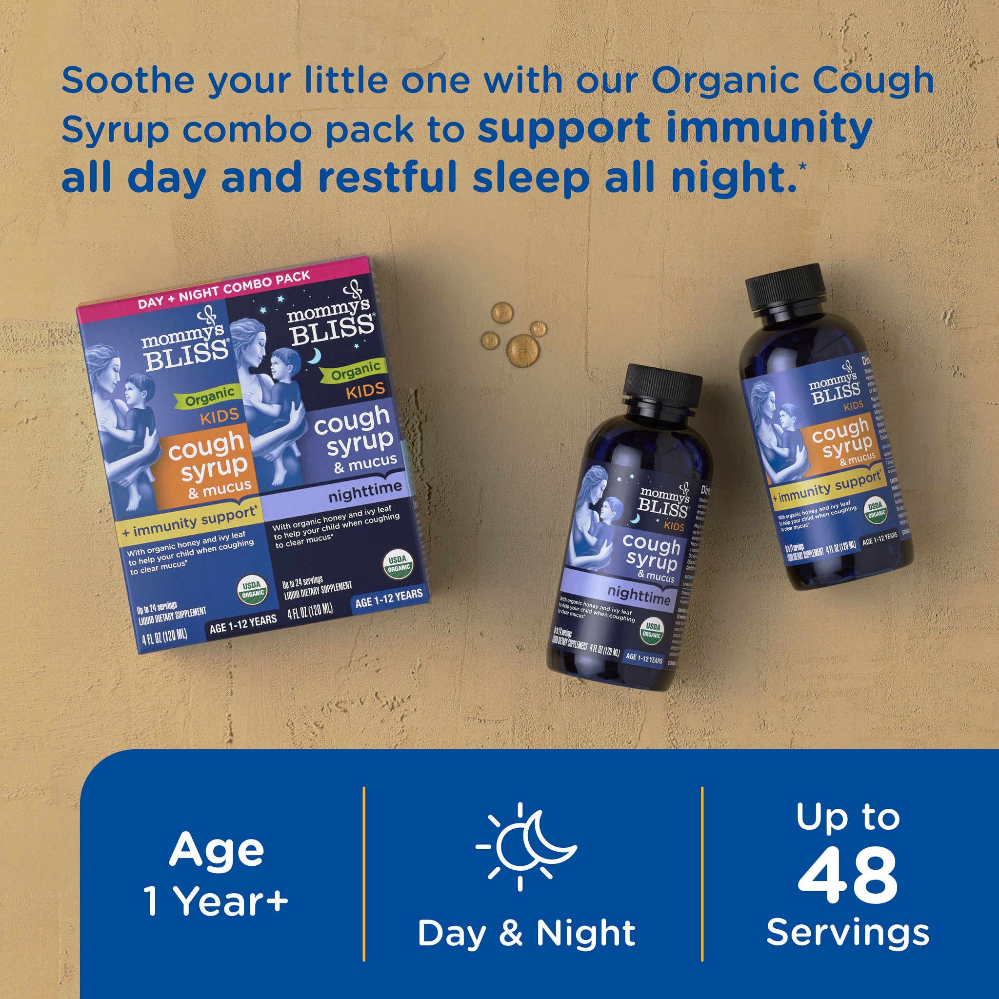 Mommy's Bliss Organic Kids Cough Syrup and Mucus Day and Night pack shown with its main benefit claim and age guidance