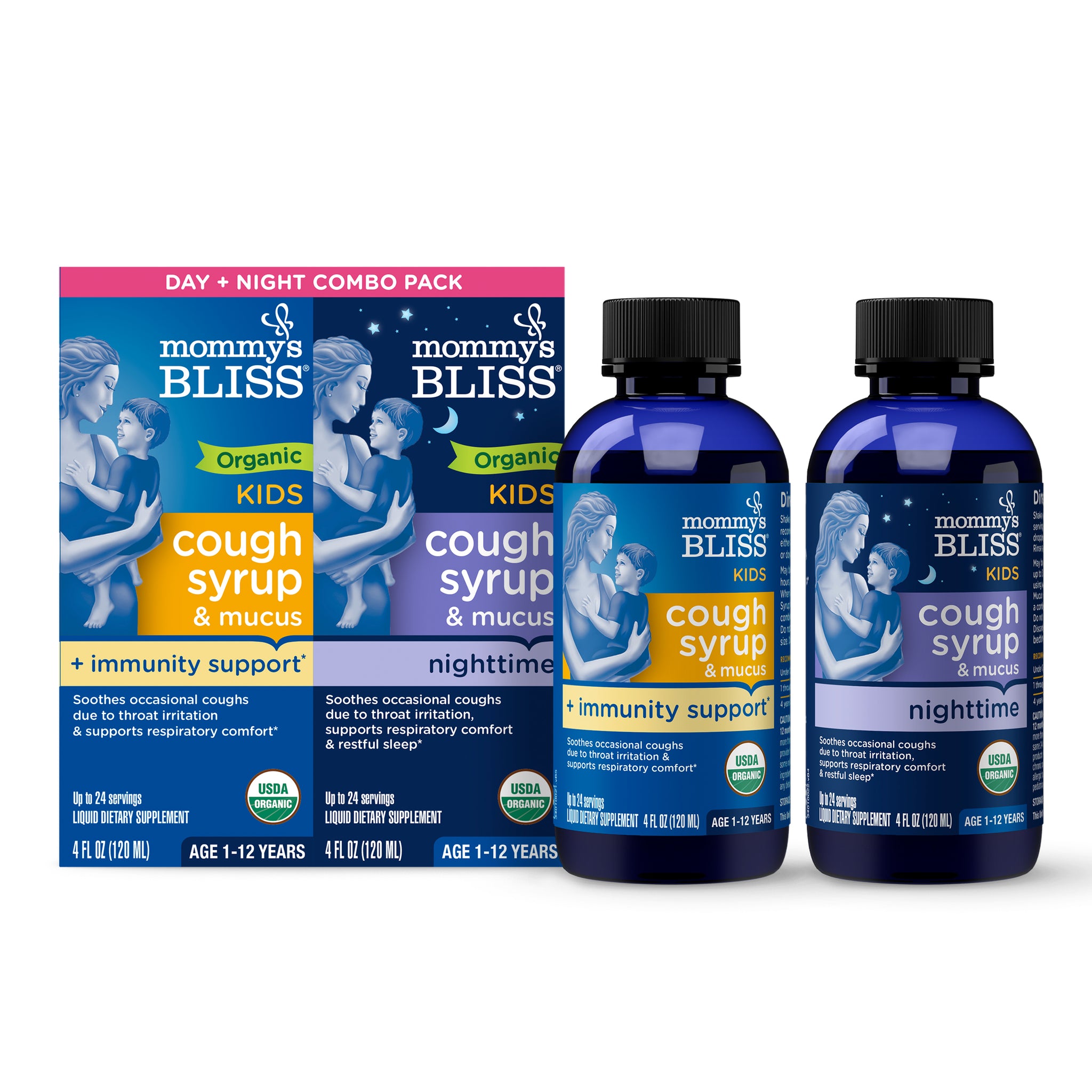 Mommy's Bliss Organic Kids Cough Syrup day and night combo pack, two cartons with their 4 fl oz bottles