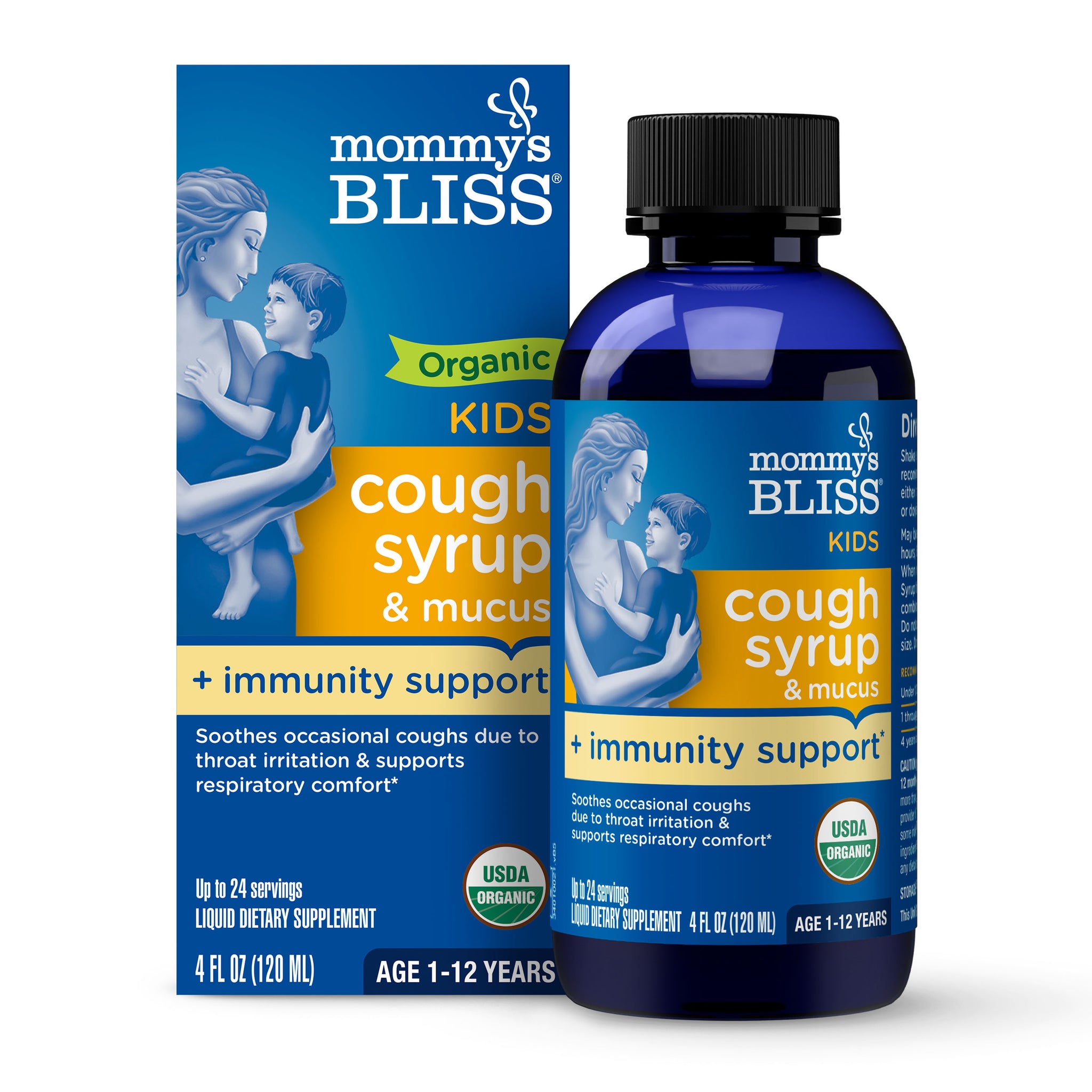 Mommy's Bliss Organic Kids Cough Syrup and Mucus with immunity support, carton beside its 4 fl oz bottle