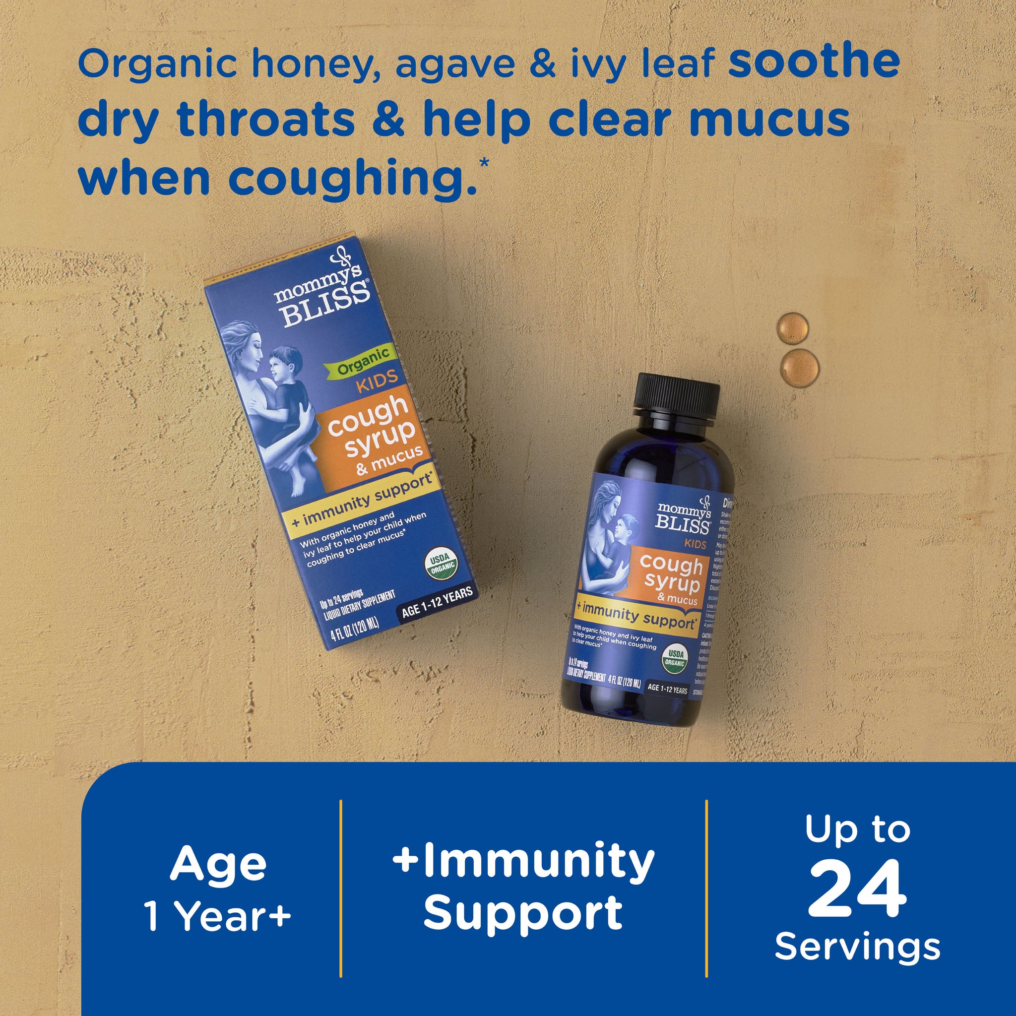 Mommy's Bliss Organic Kids Cough Syrup and Mucus packaging shown with its main benefit claim and age guidance