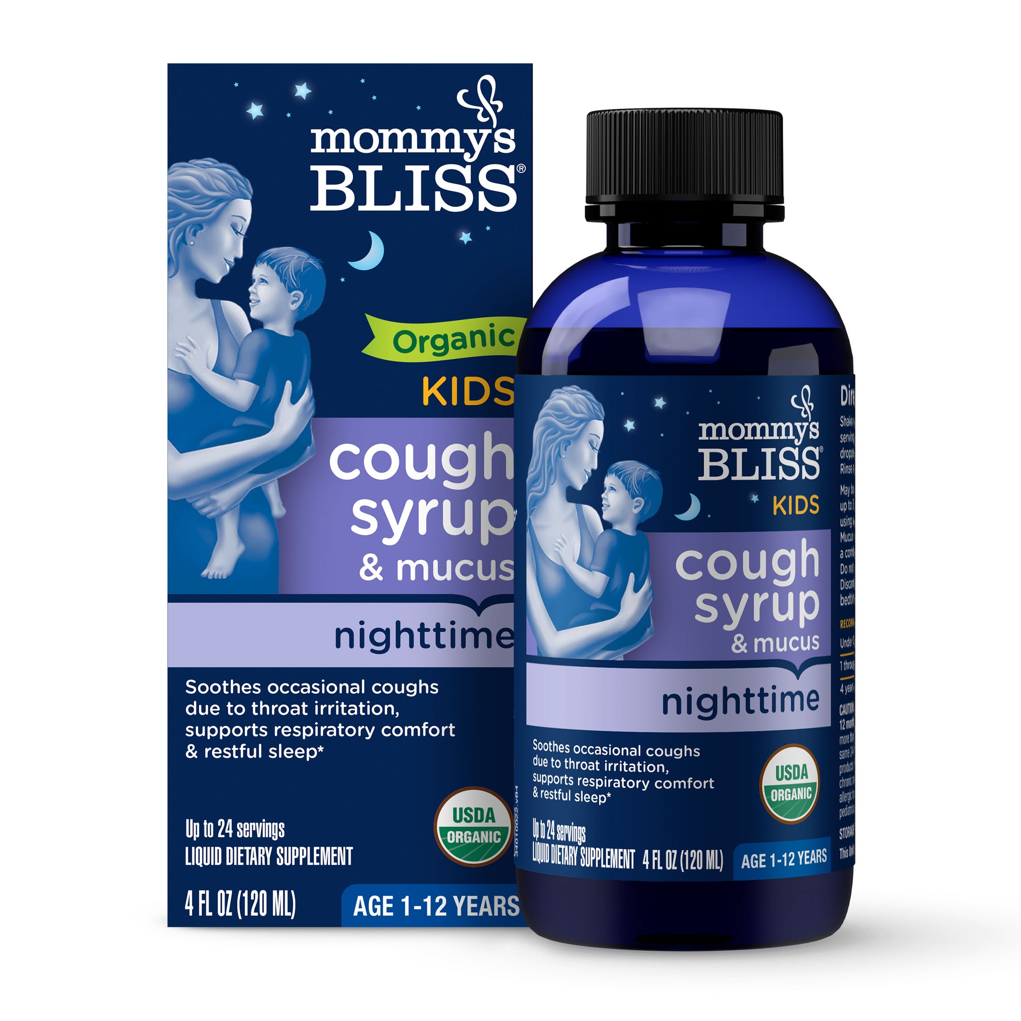 Mommy's Bliss Organic Kids Cough Syrup and Mucus Nighttime carton beside its 4 fl oz dark blue bottle