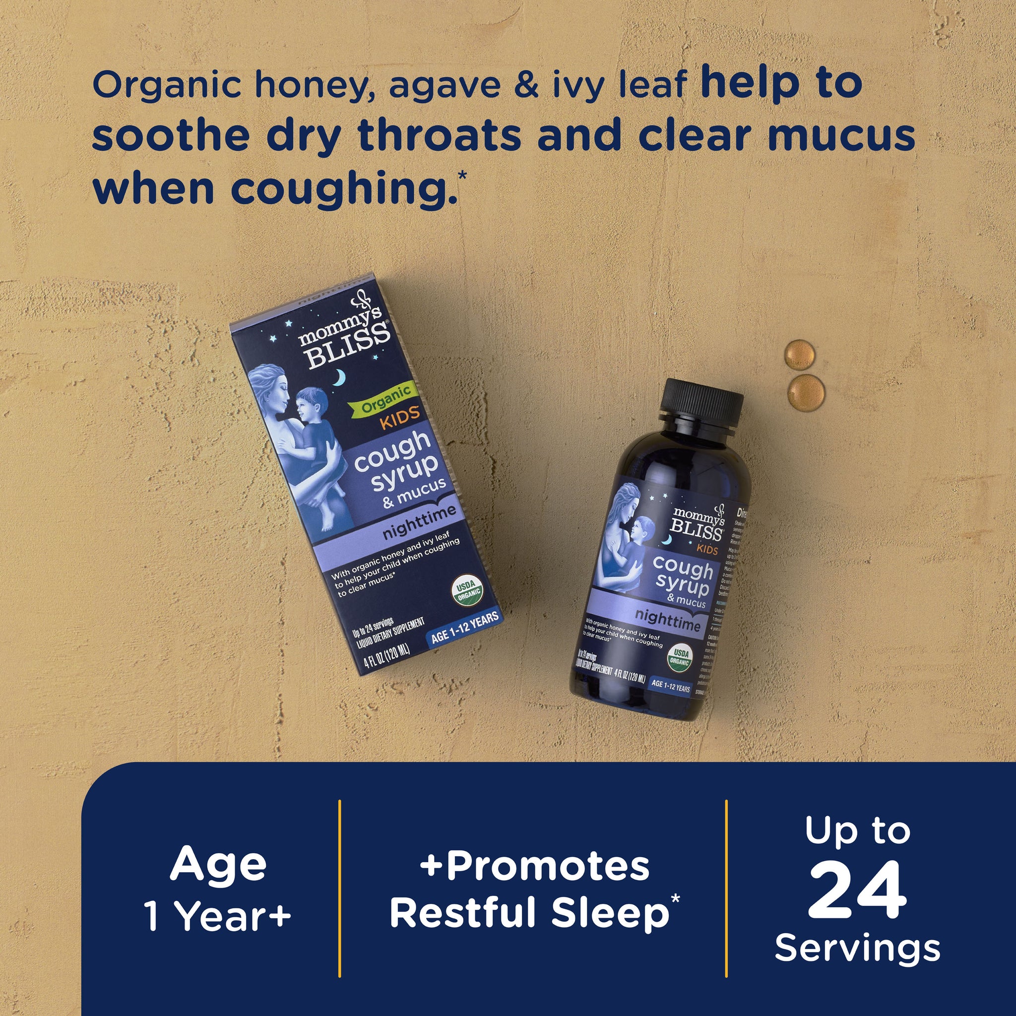Mommy's Bliss Organic Kids Cough Syrup and Mucus Nighttime packaging shown with its main benefit claim and age guidance