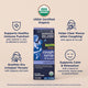 Key features of Mommy's Bliss Organic Kids Cough Syrup and Mucus Nighttime, shown as icons around the carton