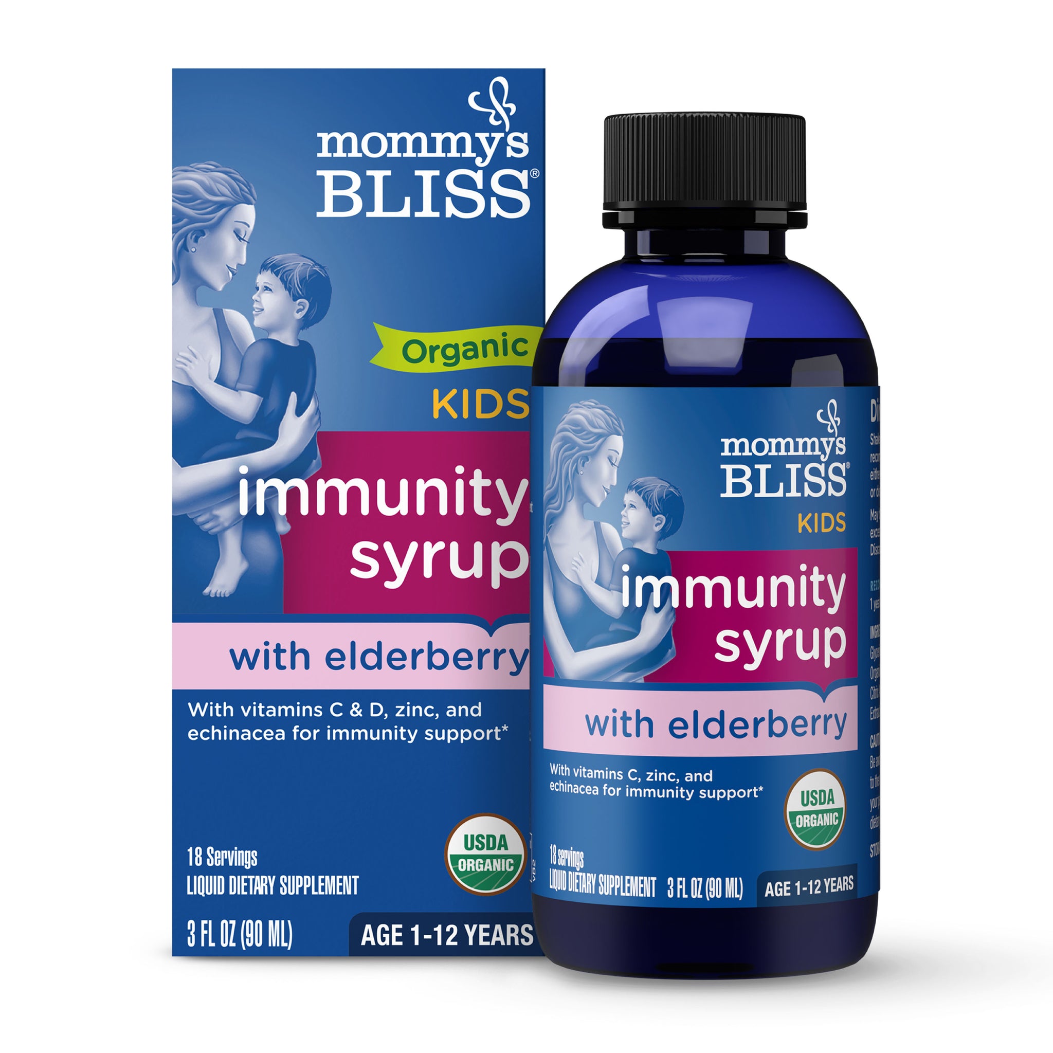 Mommy's Bliss Organic Kids Immunity Syrup with elderberry, carton beside its 3 fl oz dark blue bottle