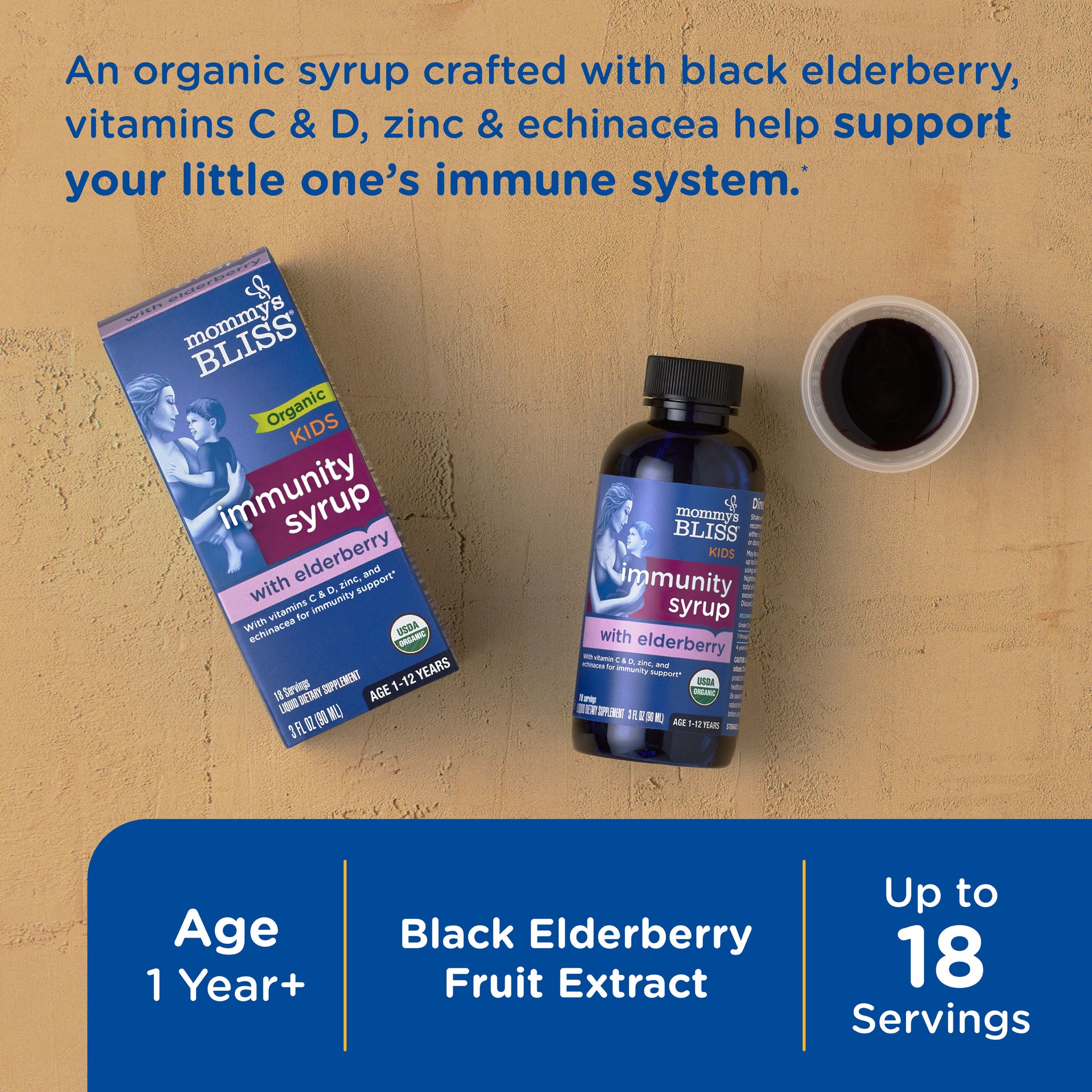 Mommy's Bliss Organic Kids Immunity Syrup packaging shown with its main benefit claim and age guidance