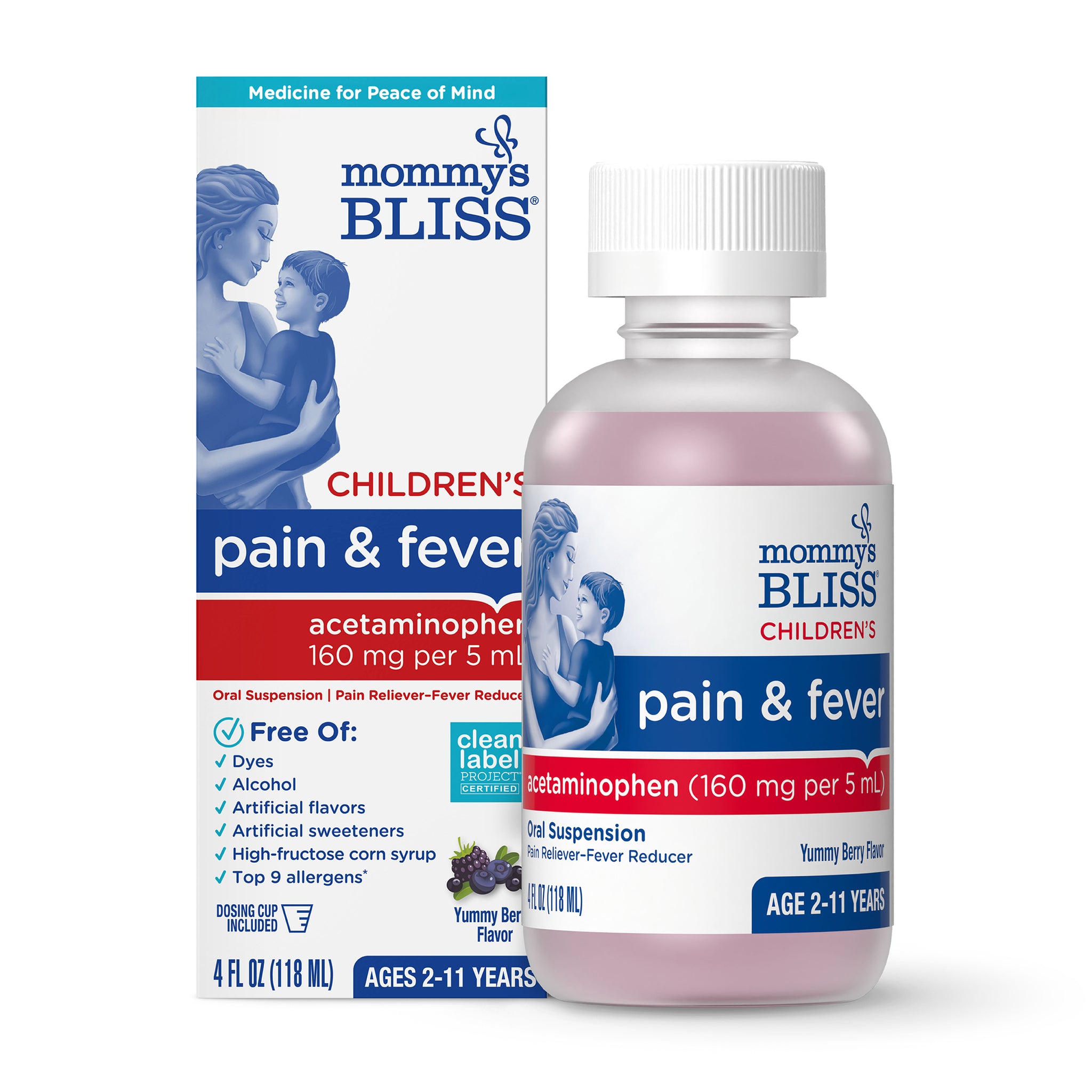 Mommy's Bliss Children's Pain and Fever acetaminophen carton beside its 4 fl oz berry-flavored bottle