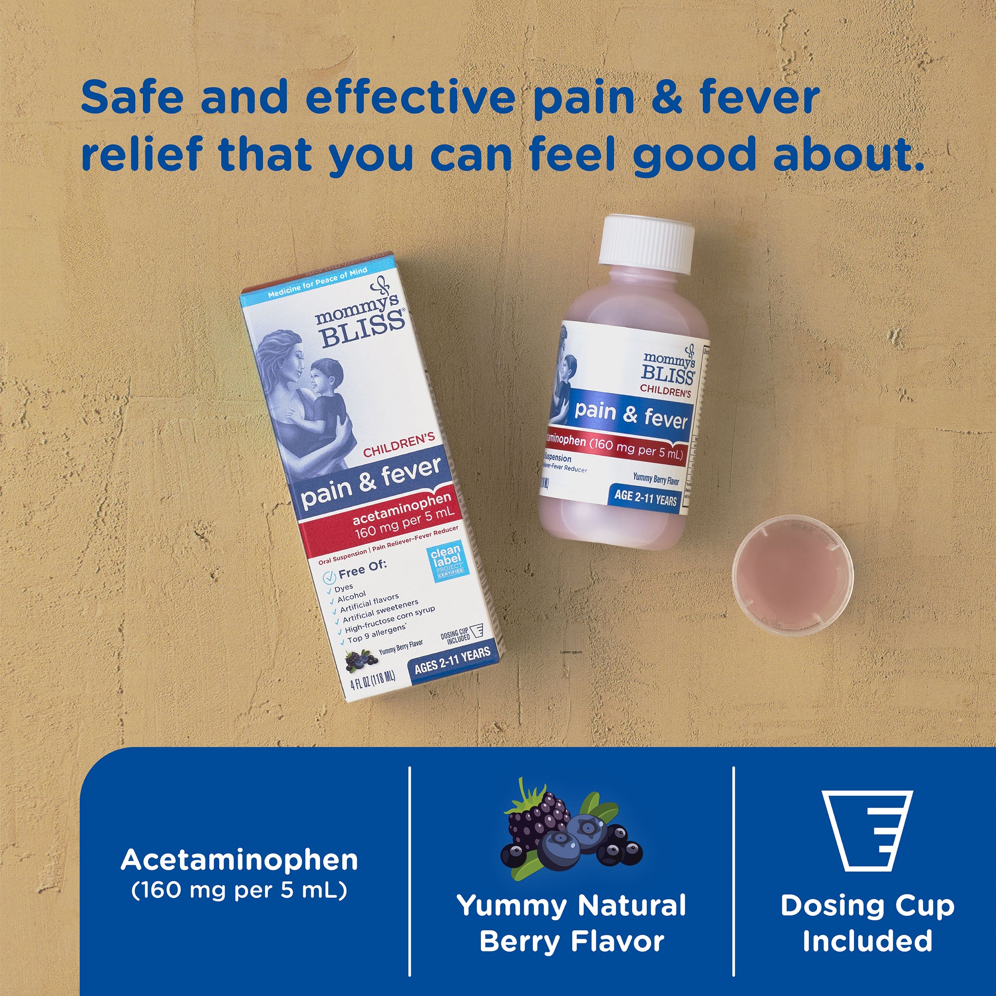 Mommy's Bliss Children's Pain and Fever acetaminophen packaging shown with its main benefit claim and age guidance