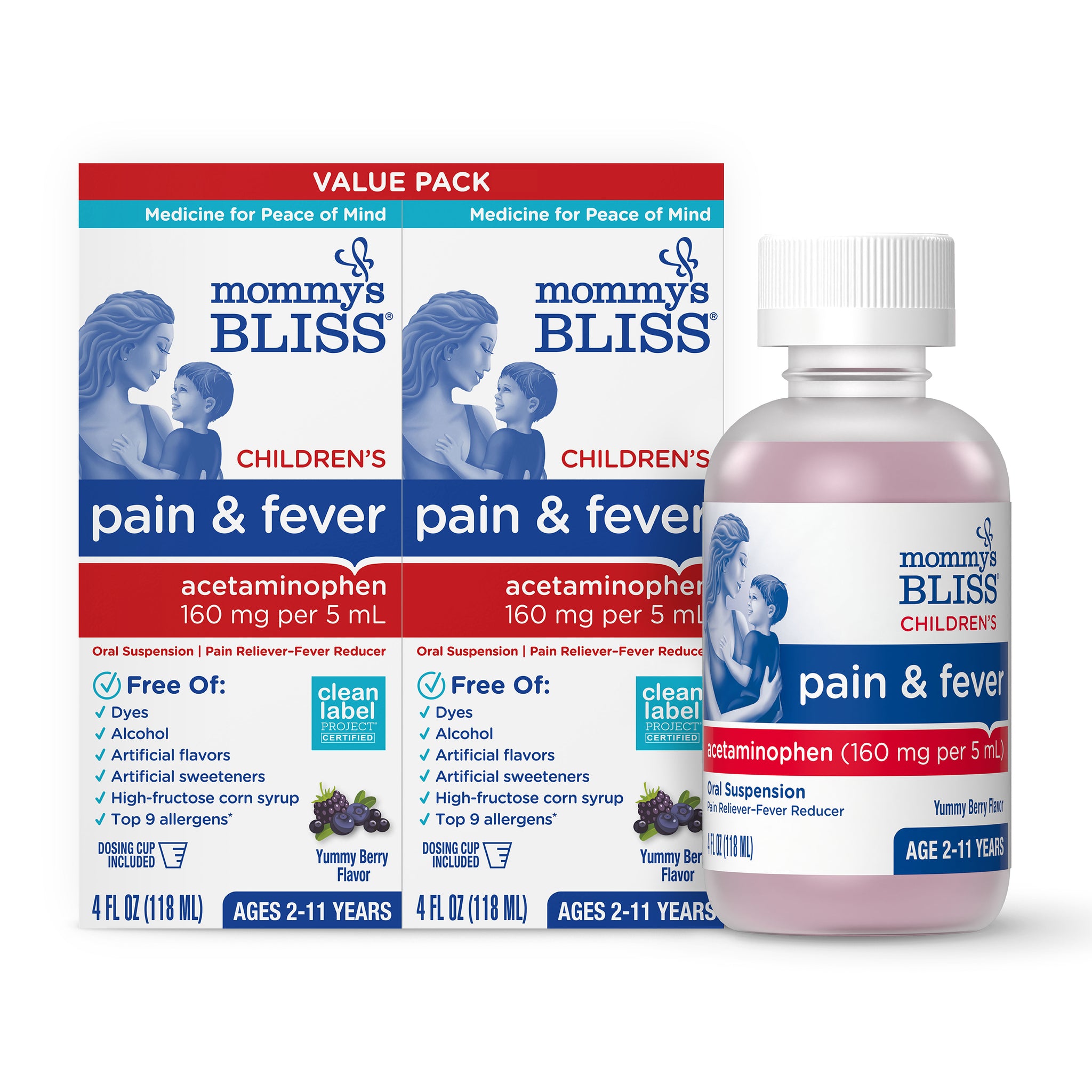 Mommy's Bliss Children's Pain and Fever acetaminophen value pack, two 4 fl oz cartons with a bottle