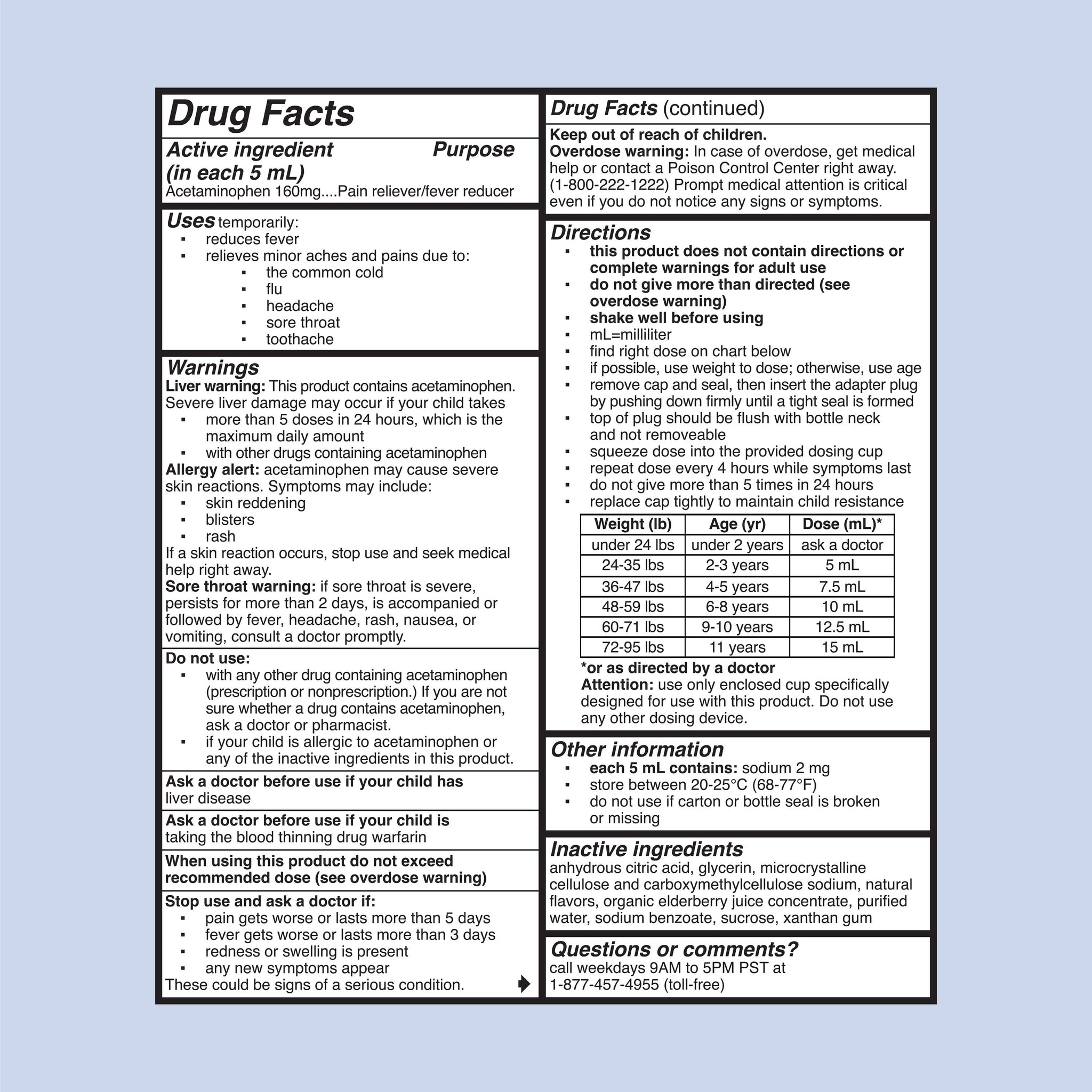 Drug Facts for the Mommy's Bliss Children's Pain and Fever acetaminophen value pack, 160 mg per 5 mL. Dosing by weight from 5 mL at 24 pounds up to 15 mL at 72 pounds, no more than 5 doses in 24 hours