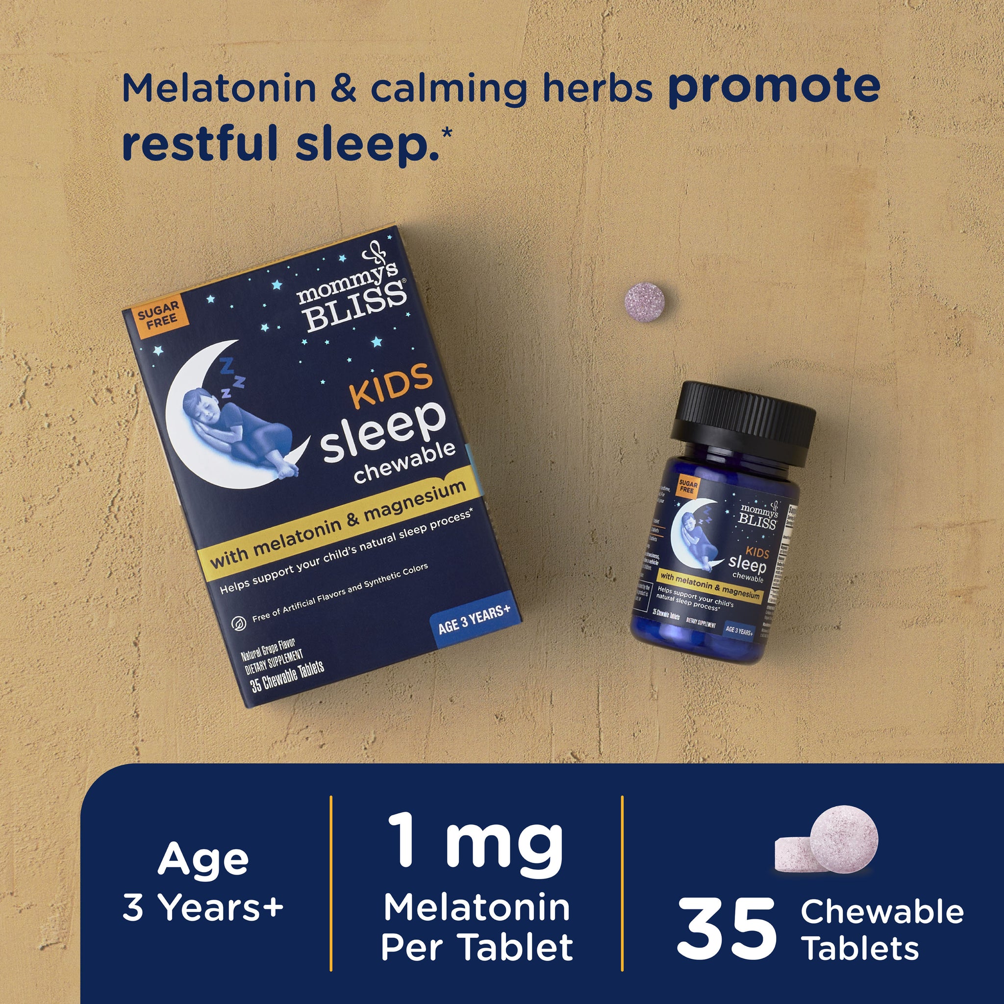 Mommy's Bliss Kids Sleep Support Chewable packaging shown with its main benefit claim and age guidance