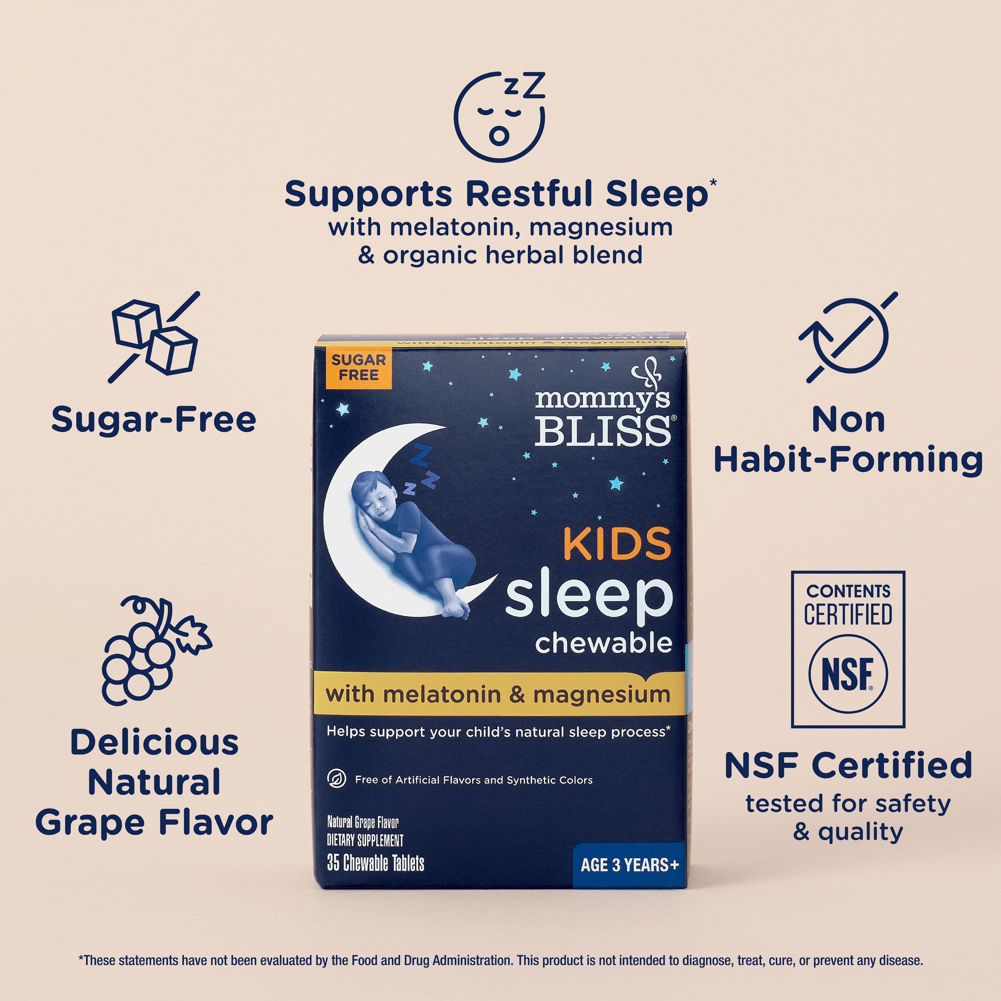 Key features of Mommy's Bliss Kids Sleep Support Chewable, shown as icons around the carton