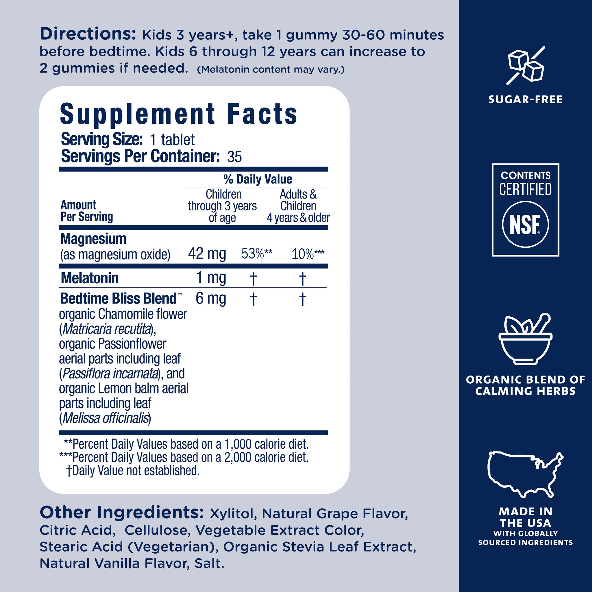 Supplement Facts for Mommy's Bliss Kids Sleep Support Chewable: magnesium, 1 mg melatonin and a calming herb blend per tablet. Ages 3 and up, taken 30 to 60 minutes before bedtime