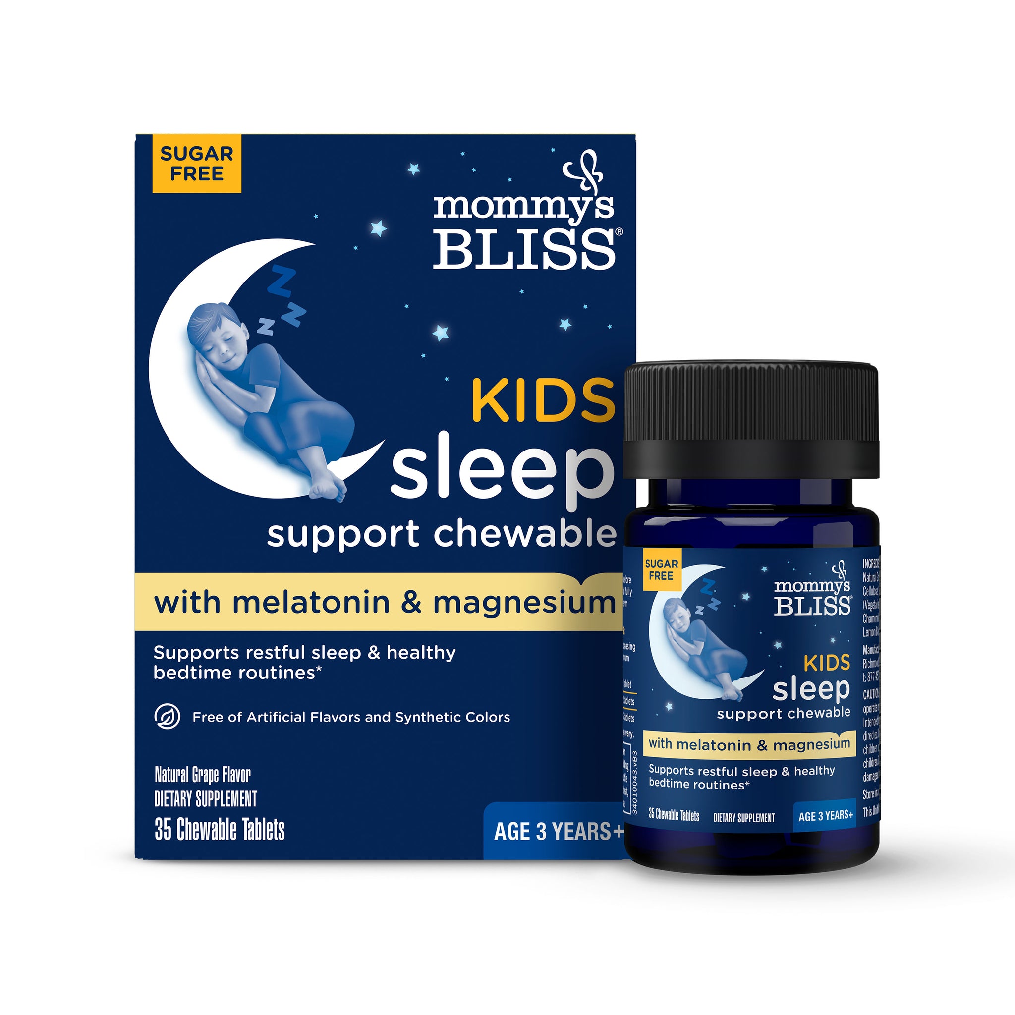 Mommy's Bliss Kids Sleep Support Chewable carton beside its bottle of 35 grape-flavored tablets