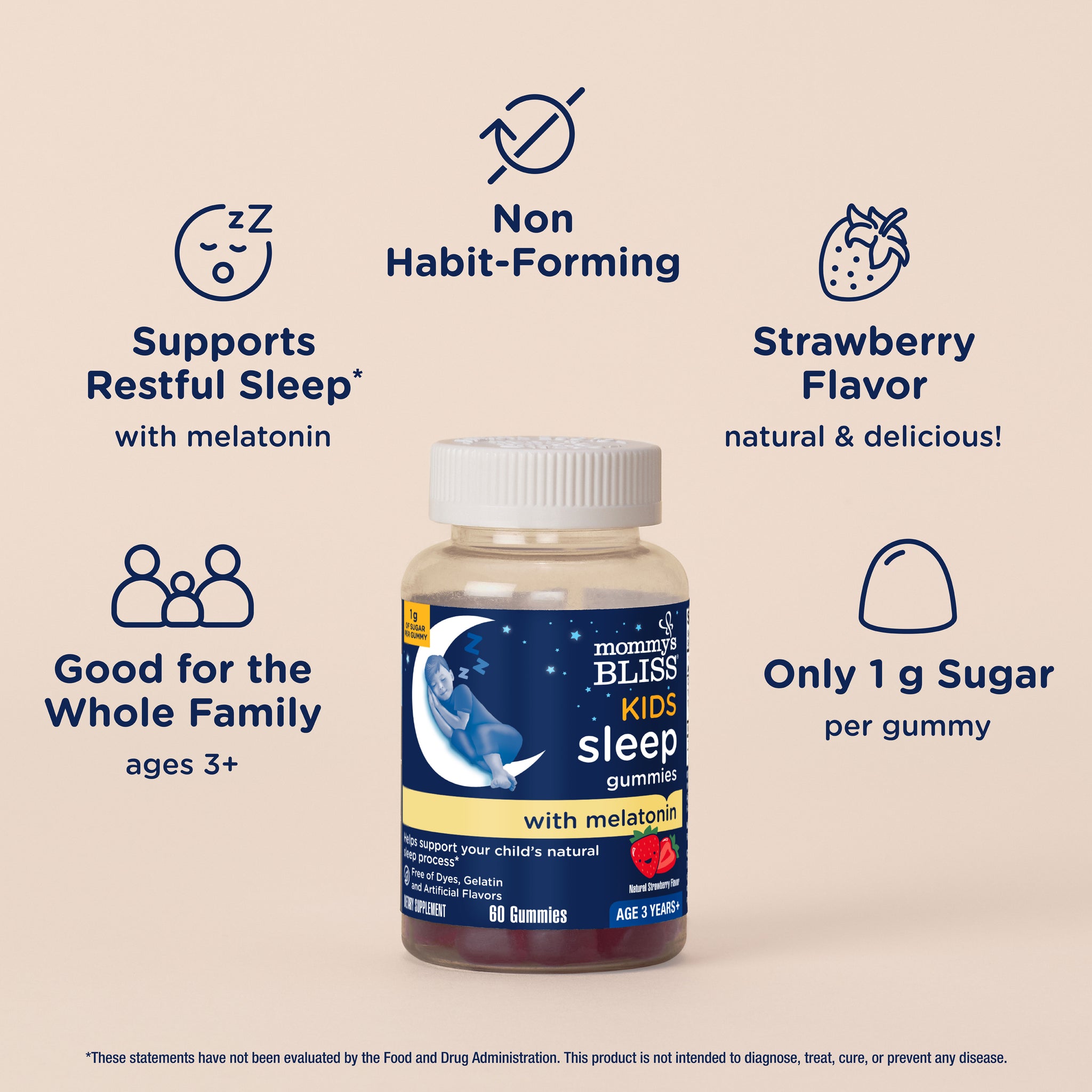 Key features of Mommy's Bliss Kids Sleep Support Gummies, shown as icons around the jar