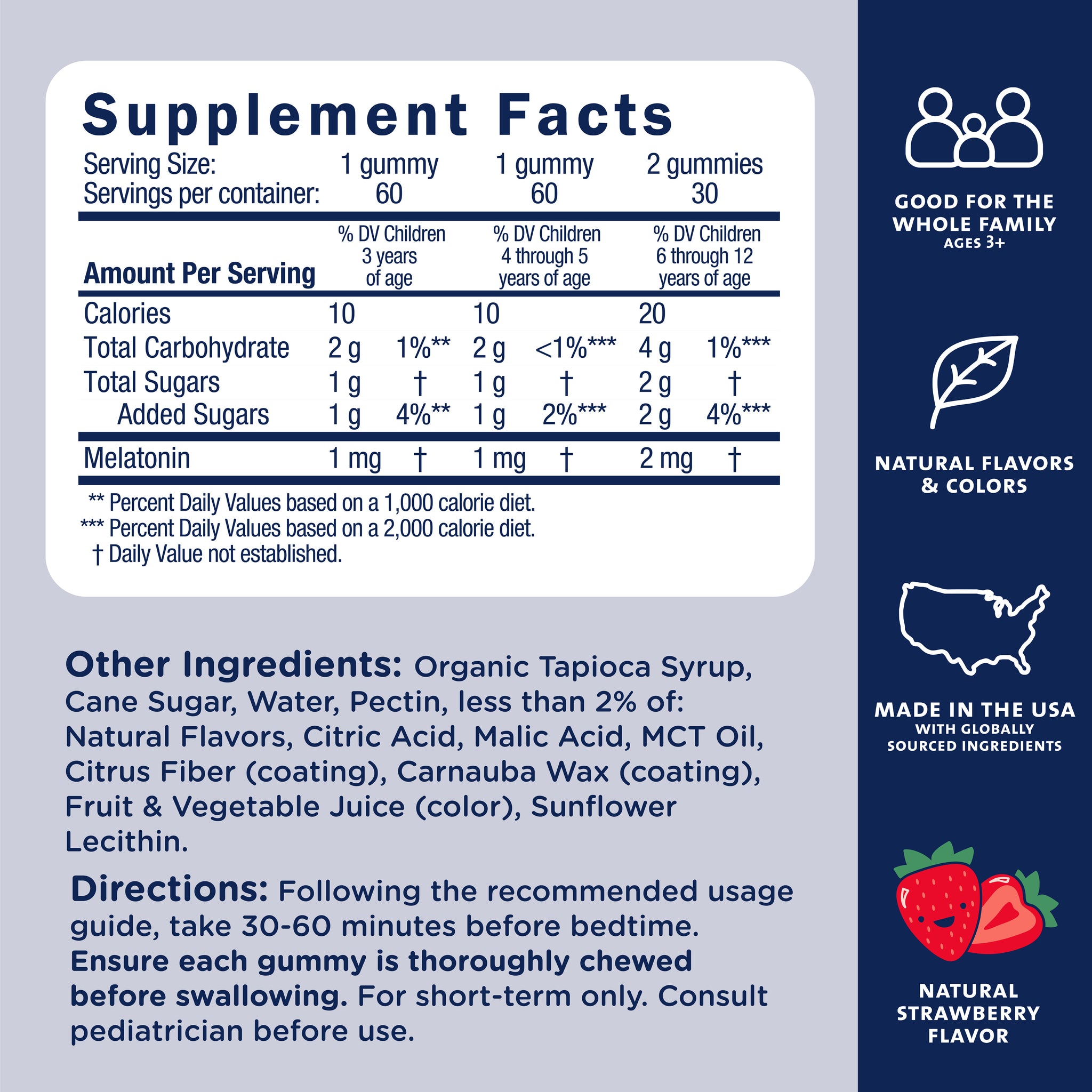 Supplement Facts for Mommy's Bliss Kids Sleep Support Gummies: 1 gummy at 3 to 5 years or 2 gummies at 6 to 12 years, giving 1 to 2 mg melatonin. Take 30 to 60 minutes before bedtime