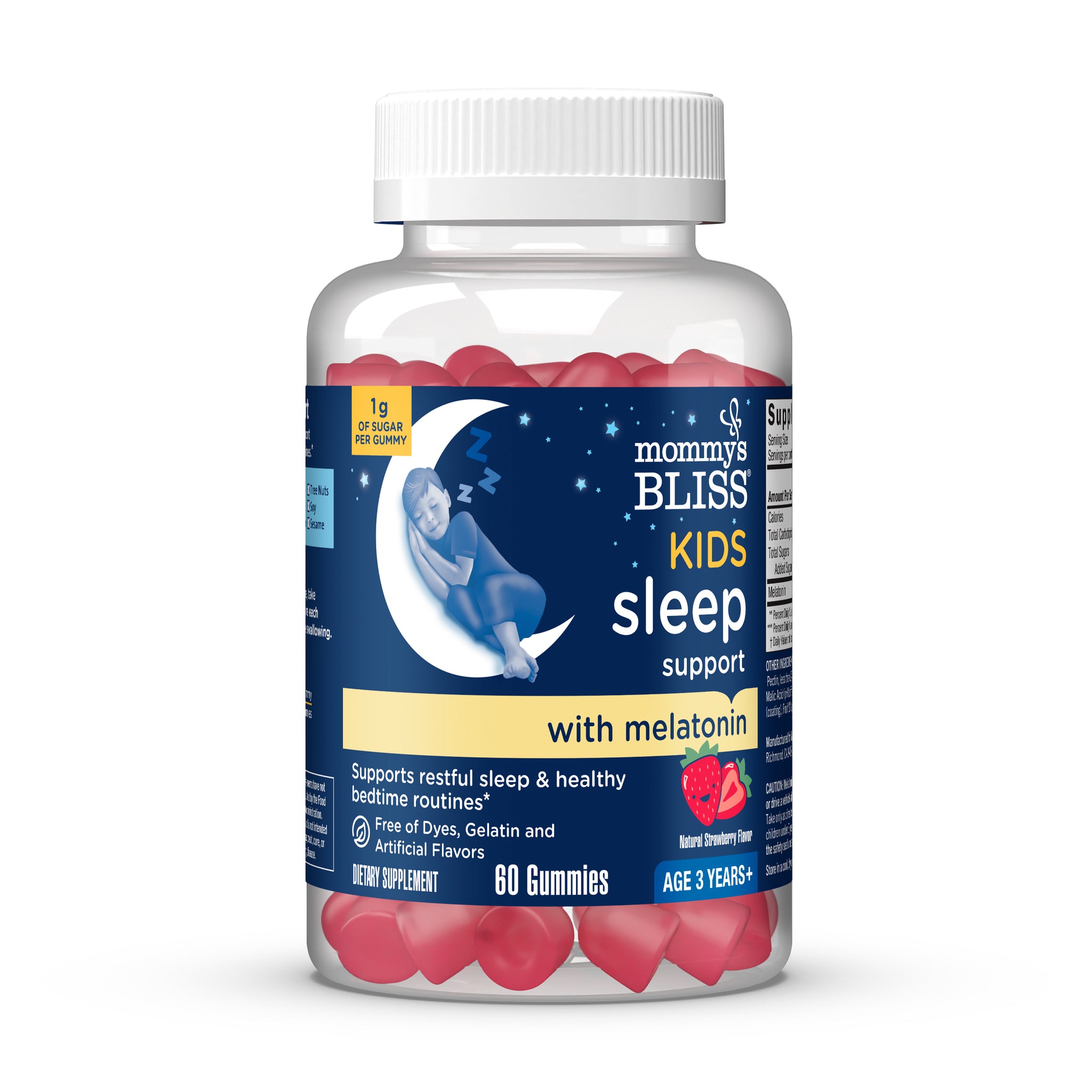 Mommy's Bliss Kids Sleep Support Gummies jar showing 60 red strawberry gummies