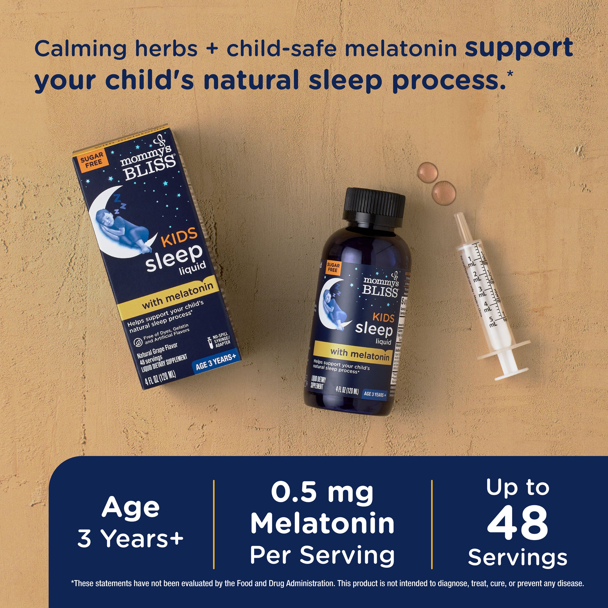 Mommy's Bliss Kids Sleep Support Liquid packaging shown with its main benefit claim and age guidance