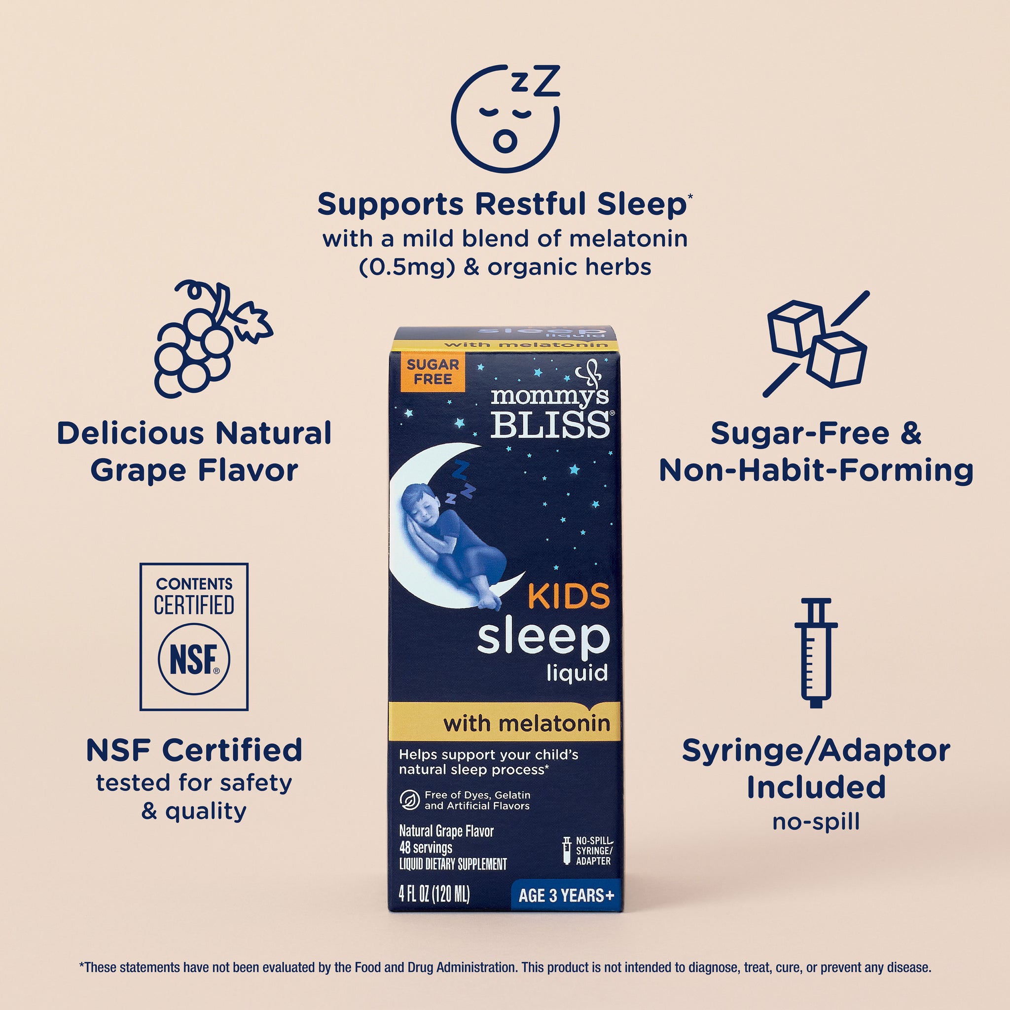 Key features of Mommy's Bliss Kids Sleep Support Liquid, shown as icons around the carton