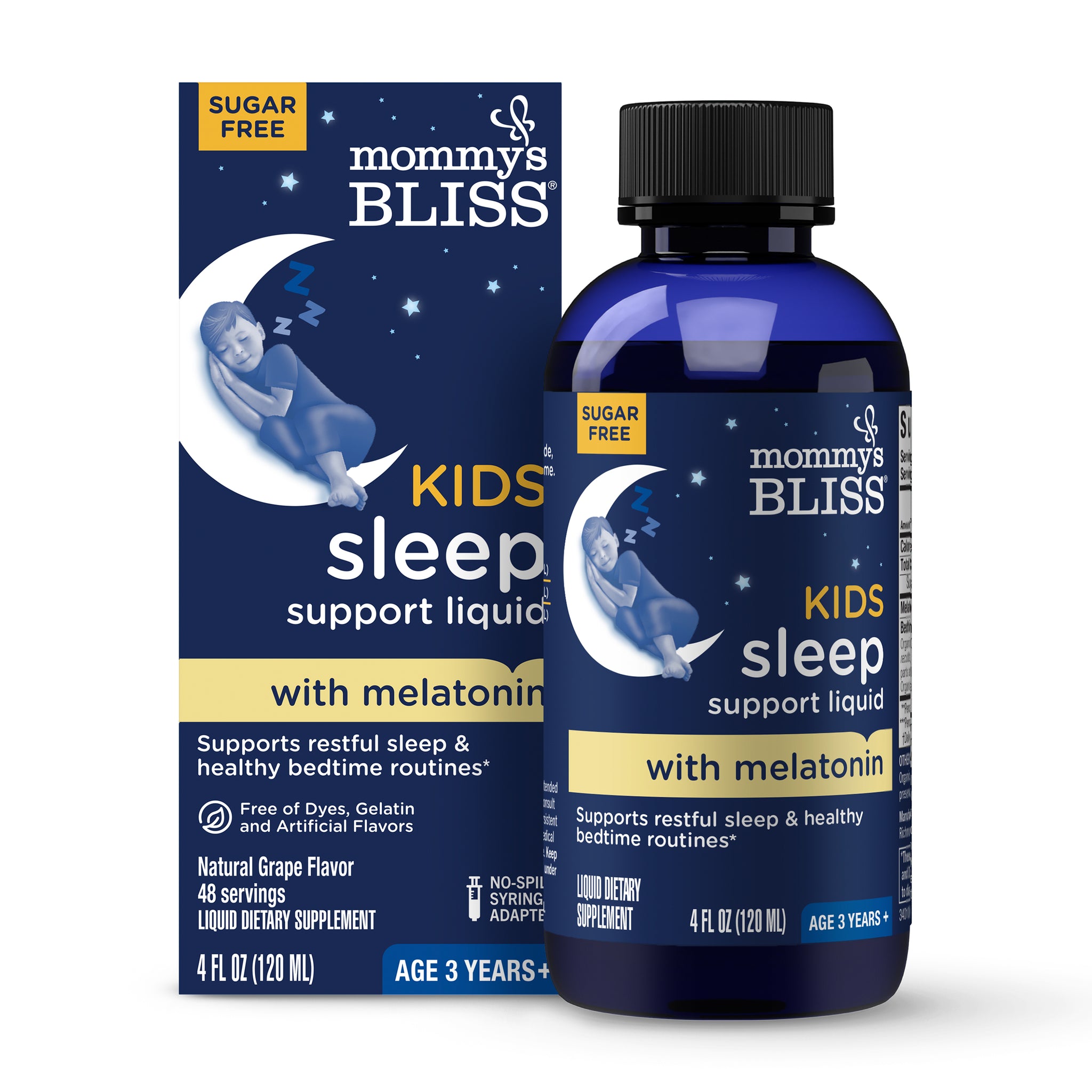 Mommy's Bliss Kids Sleep Support Liquid with melatonin, carton beside its 4 fl oz dark blue bottle