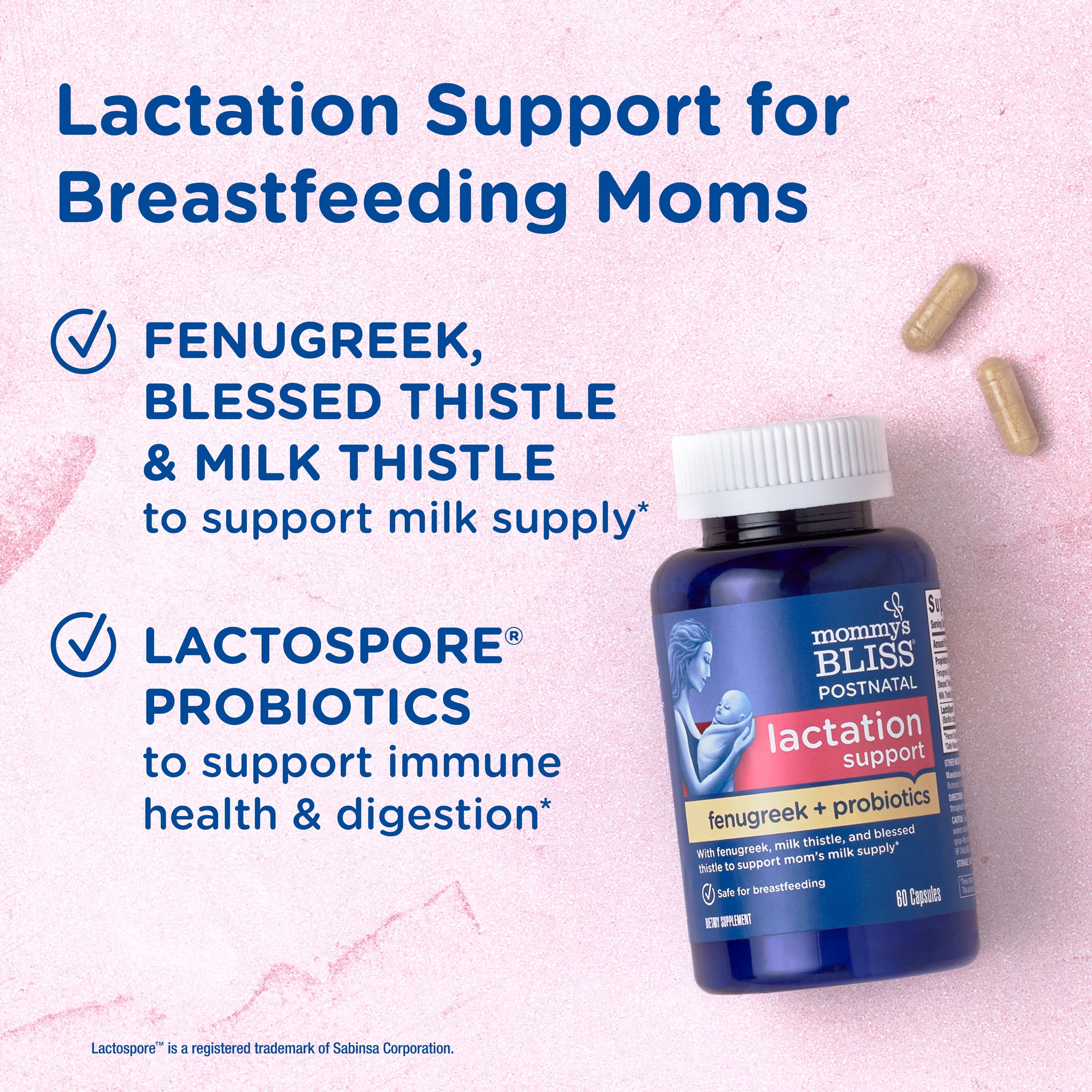 Mommy's Bliss Postnatal Lactation Support packaging shown with its main benefit claim