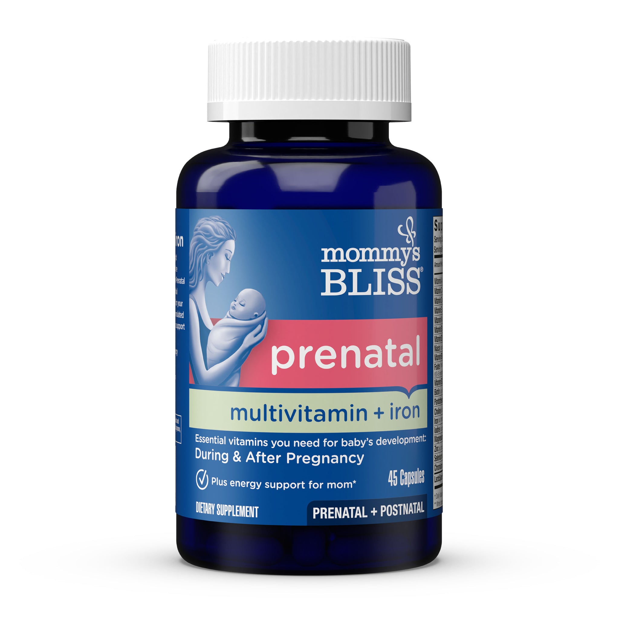 Mommy's Bliss Prenatal Multivitamin plus Iron, dark blue 45-capsule bottle with white cap