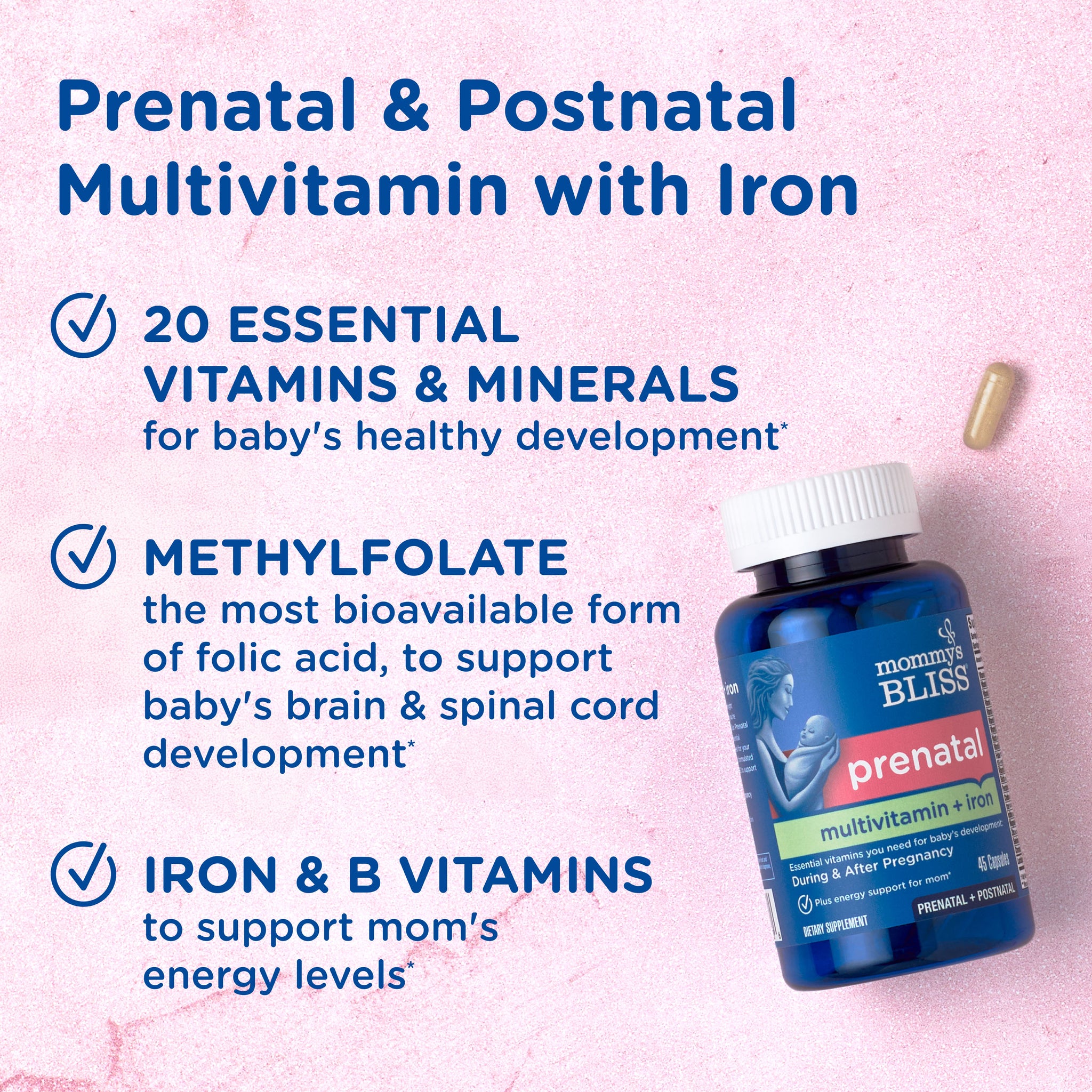 Mommy's Bliss Prenatal Multivitamin plus Iron packaging shown with its main benefit claim