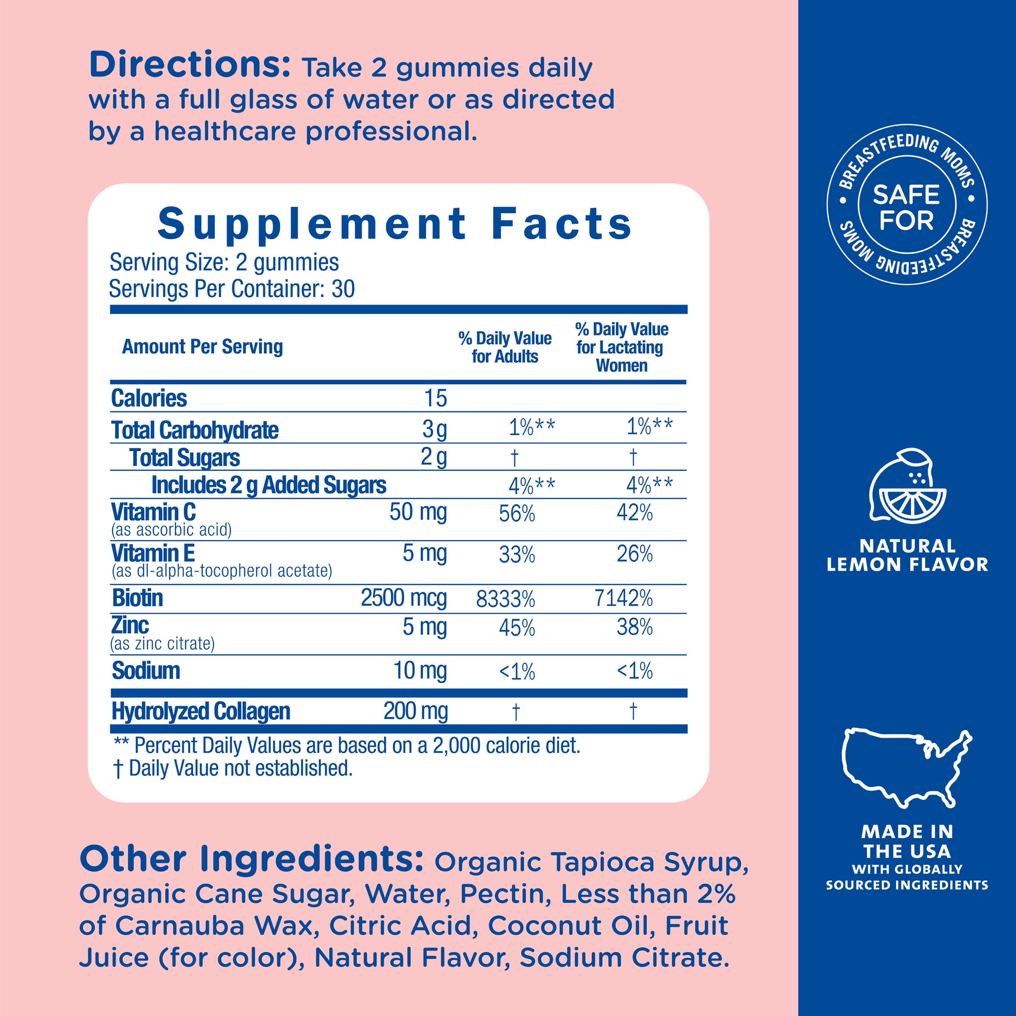 Supplement Facts for Mommy's Bliss Postnatal Reset My Body: vitamin C, vitamin E, biotin, zinc and hydrolyzed collagen. Take 2 gummies daily with a full glass of water