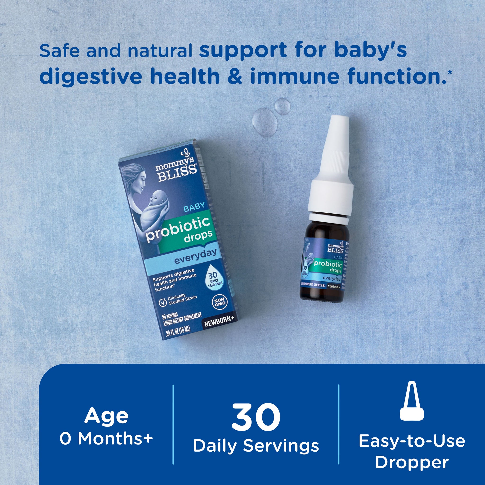 Mommy's Bliss Baby Probiotic Drops Everyday packaging shown with its main benefit claim and age guidance