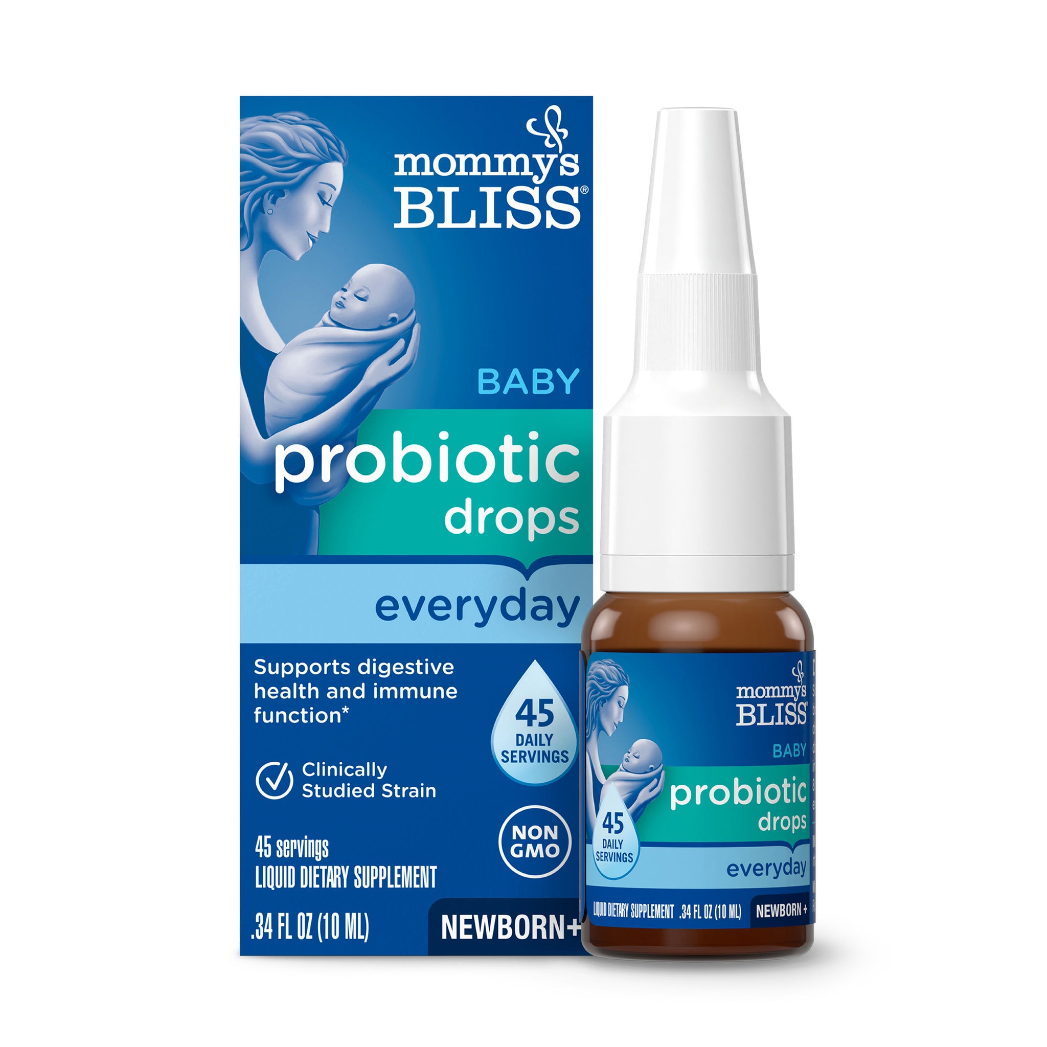 Mommy's Bliss Baby Probiotic Drops Everyday 45-day carton beside its amber 10 ml dropper bottle