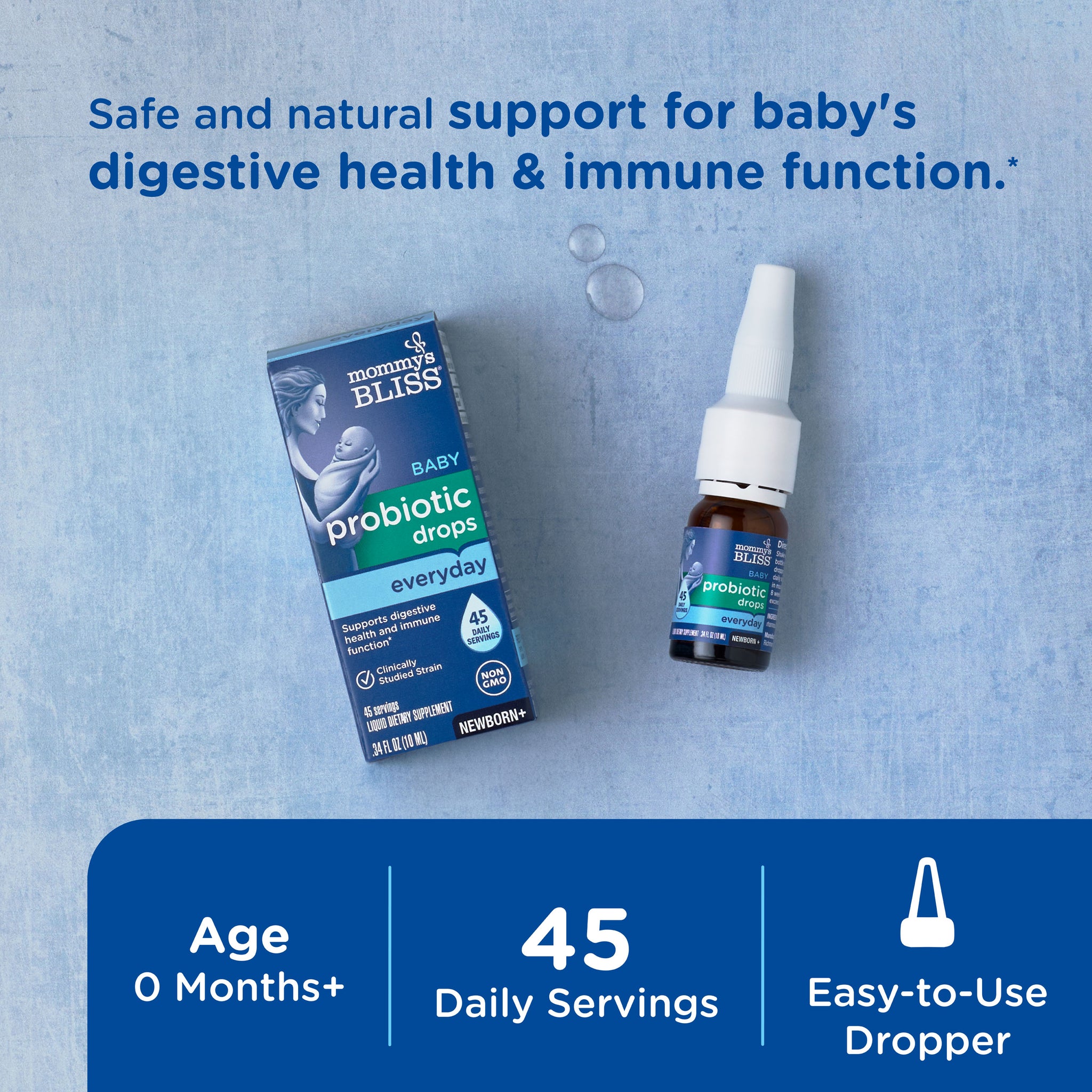 Mommy's Bliss Baby Probiotic Drops Everyday 45-day packaging shown with its main benefit claim and age guidance