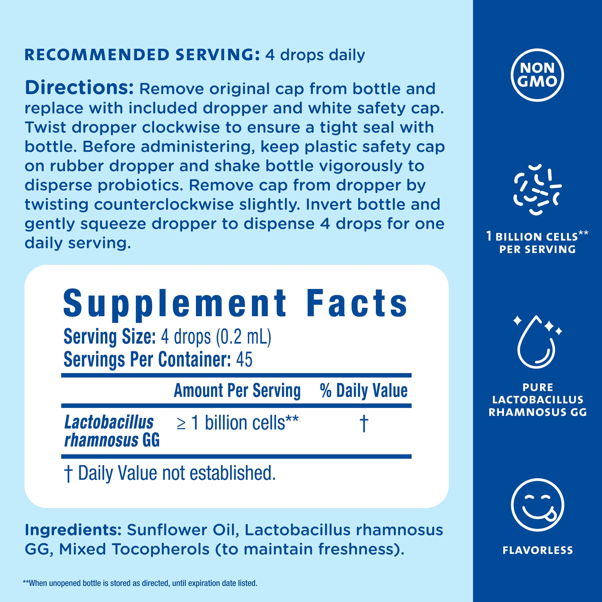 Supplement Facts for Mommy's Bliss Baby Probiotic Drops Everyday 45-day: 4 drops daily providing at least 1 billion cells of Lactobacillus rhamnosus GG, in sunflower oil