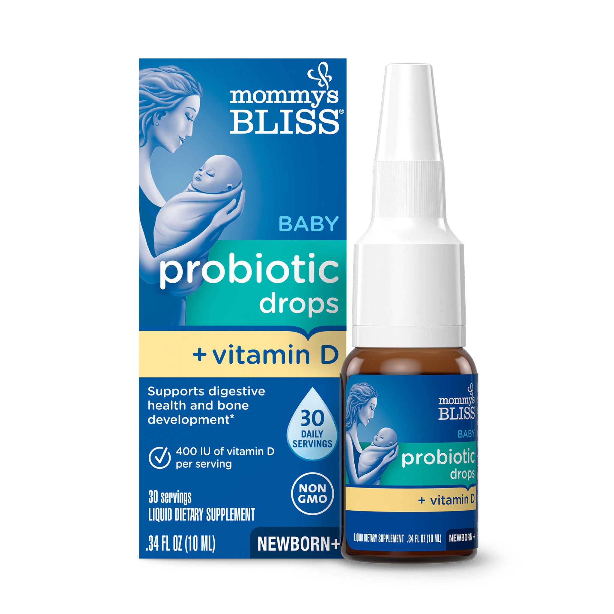Mommy's Bliss Baby Probiotic Drops plus Vitamin D carton beside its amber 10 ml dropper bottle