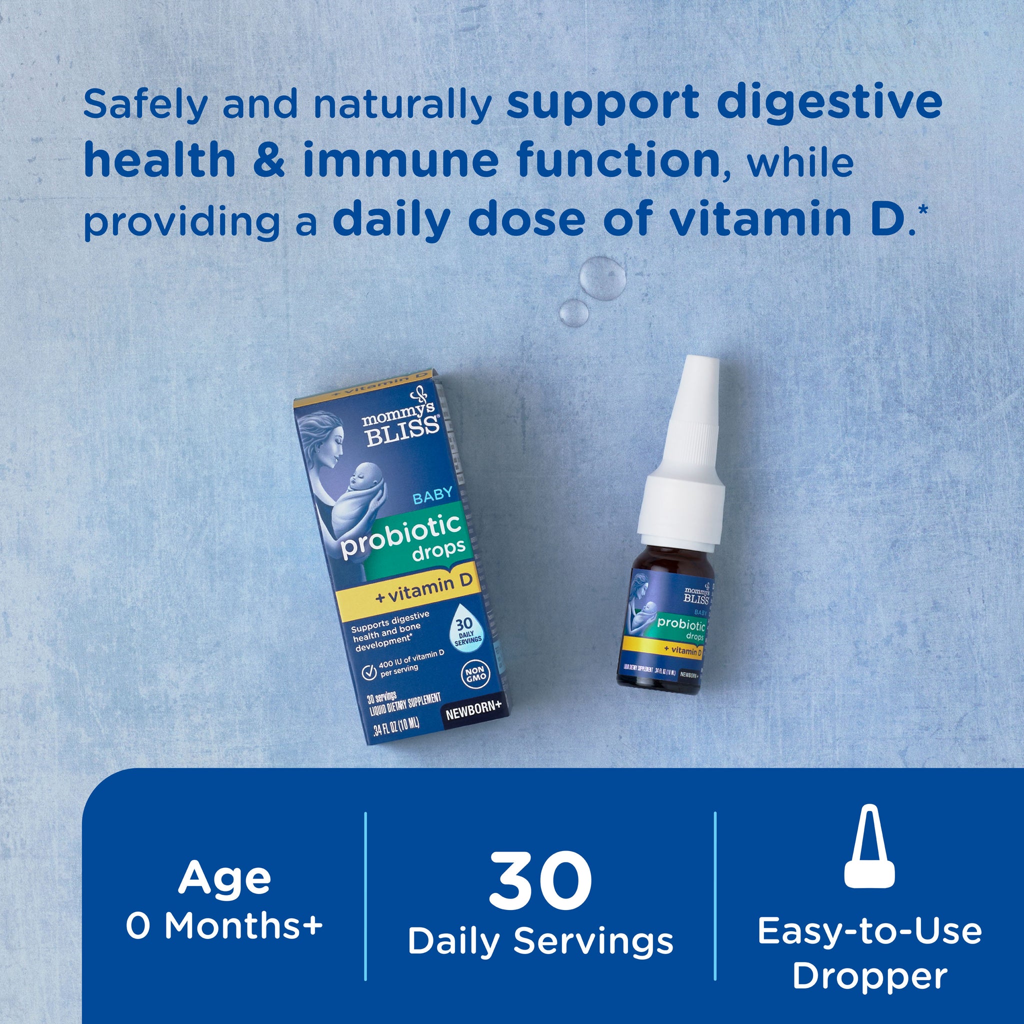 Mommy's Bliss Baby Probiotic Drops plus Vitamin D packaging shown with its main benefit claim and age guidance