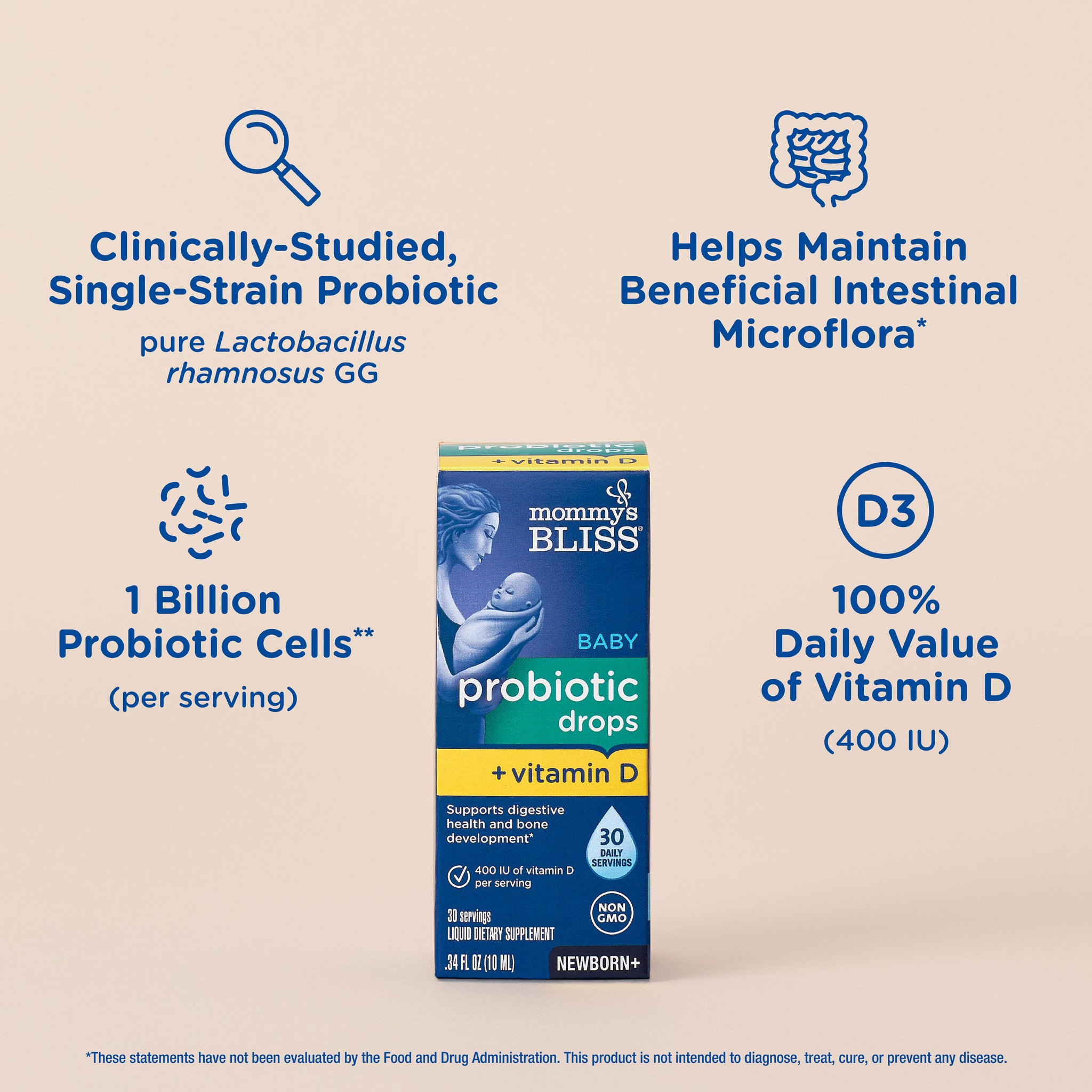 Key features of Mommy's Bliss Baby Probiotic Drops plus Vitamin D, shown as icons around the carton